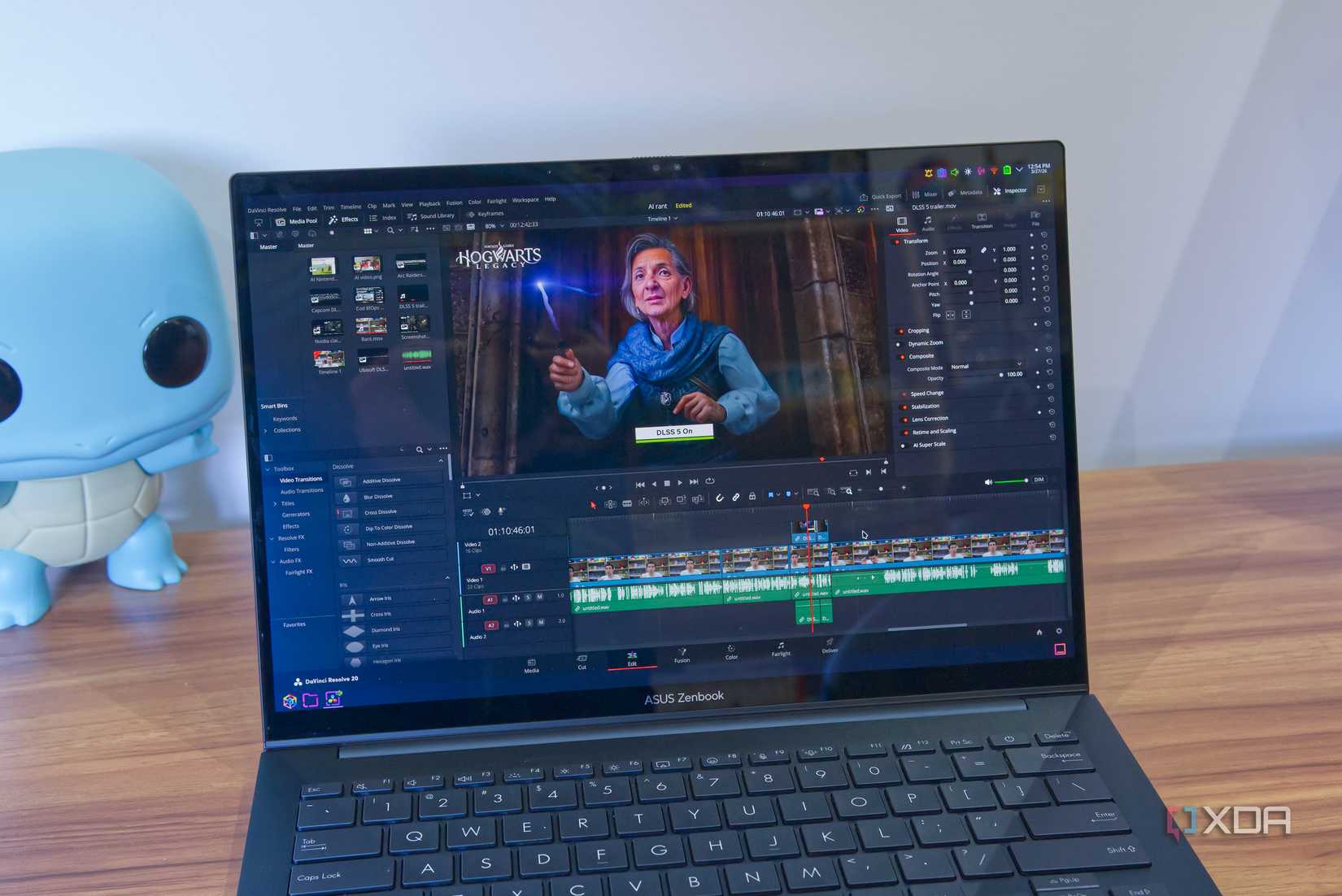A Linux laptop using DaVinci Resolve to edit a video