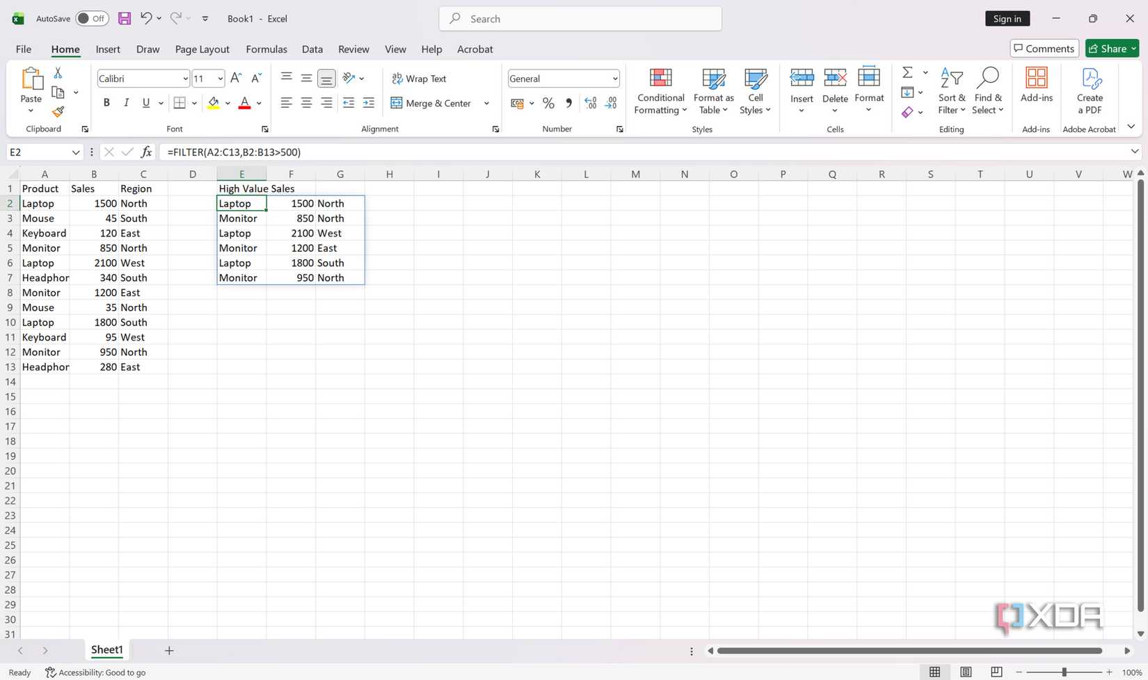 Captura de pantalla de Excel de fórmulas de matriz dinámica