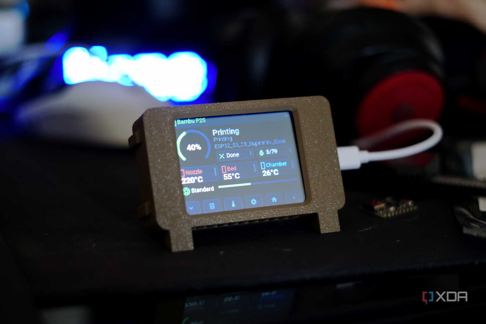 ESP32 CYD Bambu Lab P2S display showing a current print, sitting on a desk