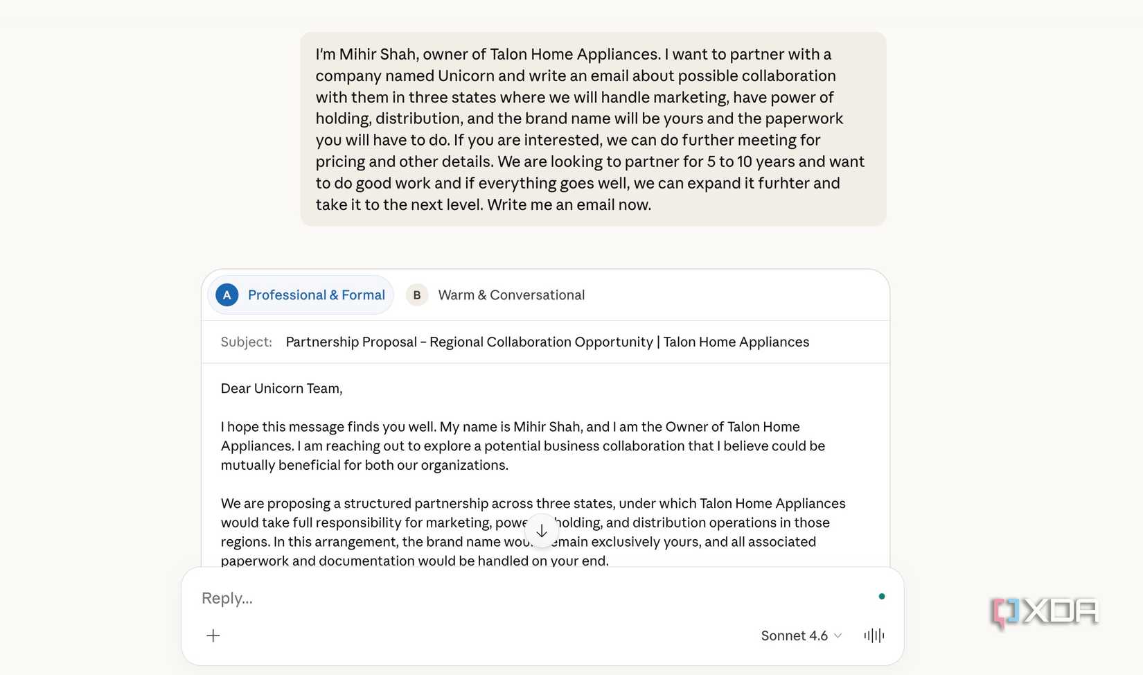 Claude creates an email