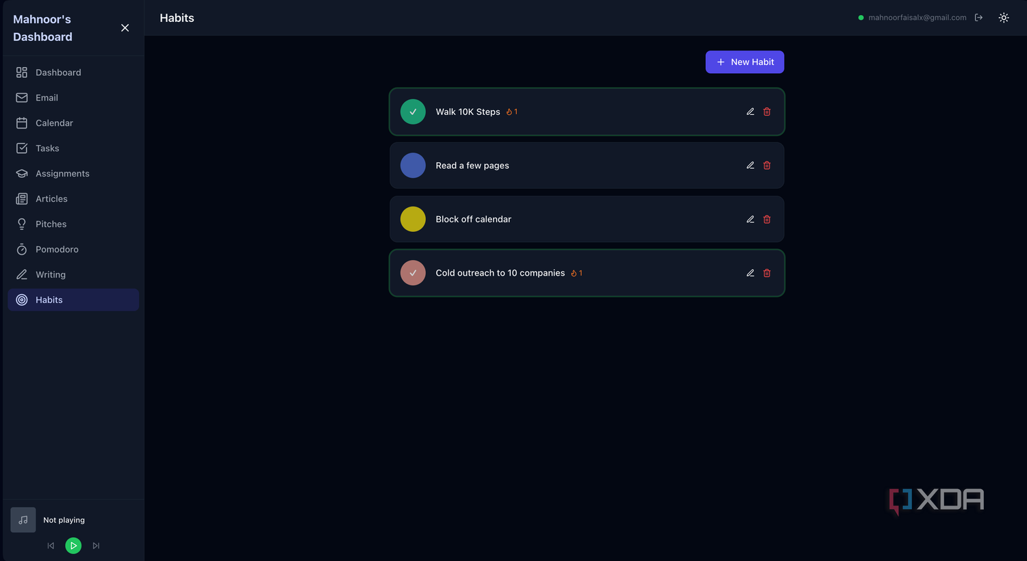 habts section in dashboard