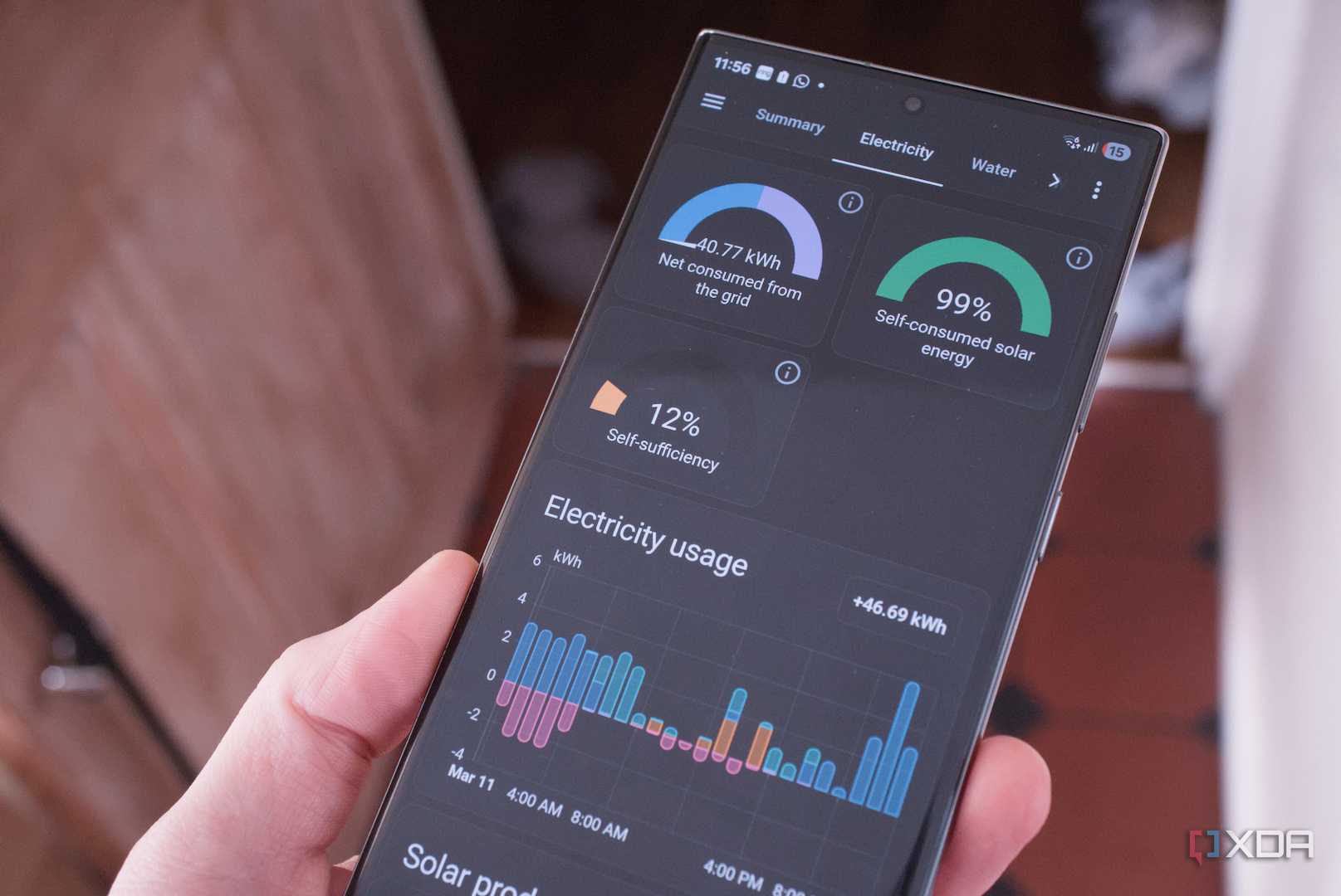 home assistant energy dashboard on phone close up