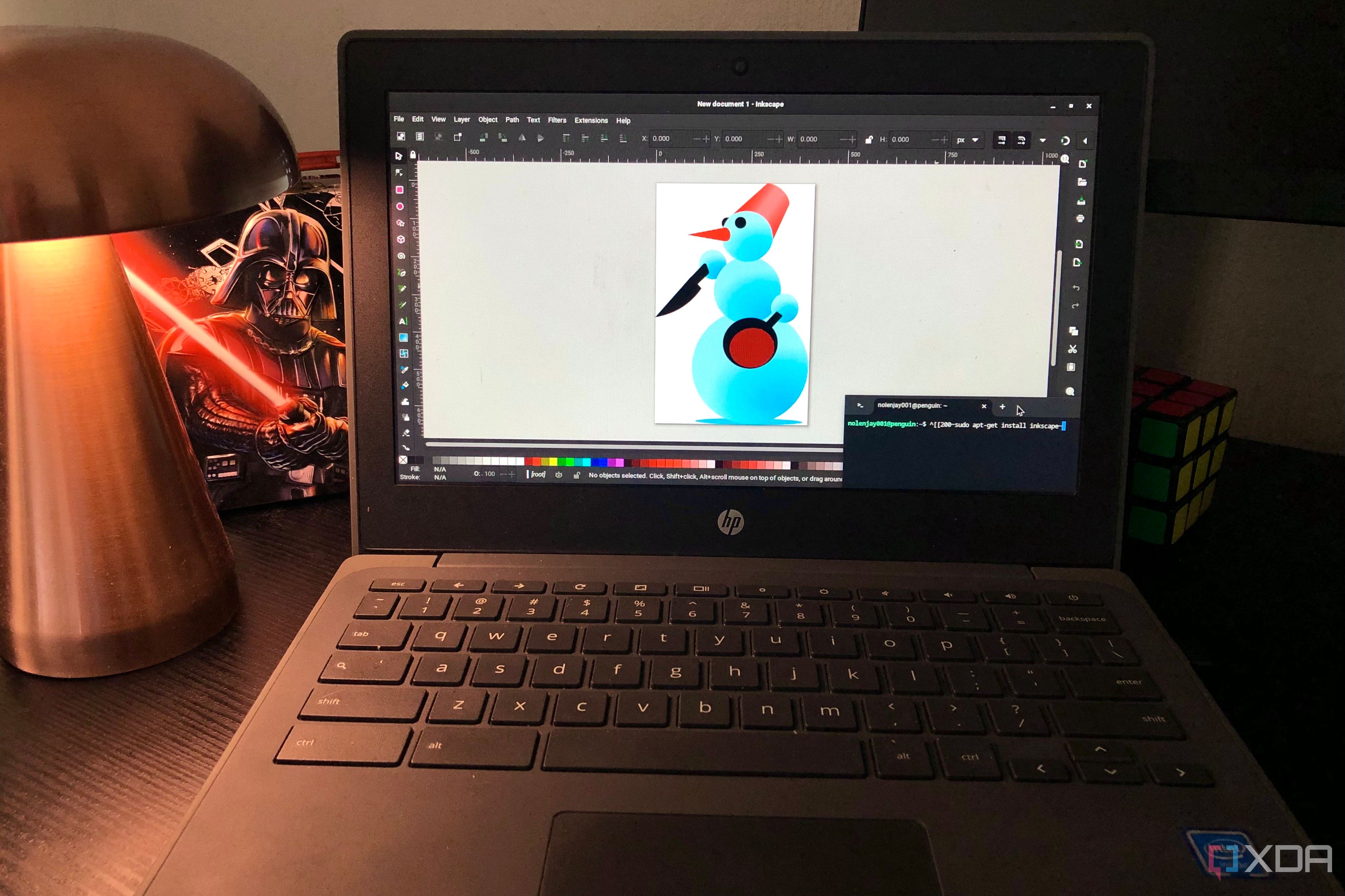 Inkscape on Chromebook, lamp and box in view