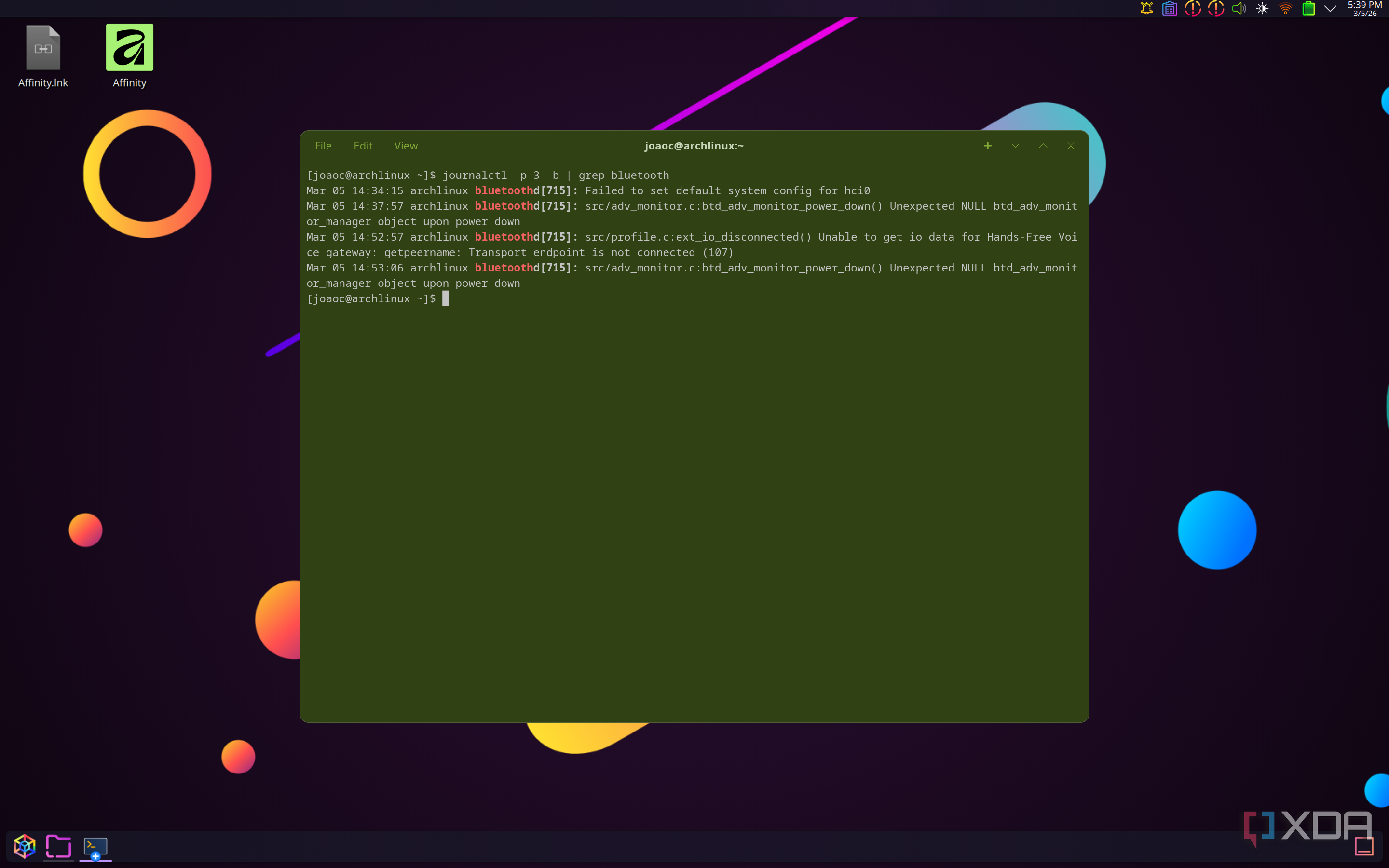 Screenshot of a Linux terminal showing the output of a journalctl command combined with grep to filter results for Bluetooth