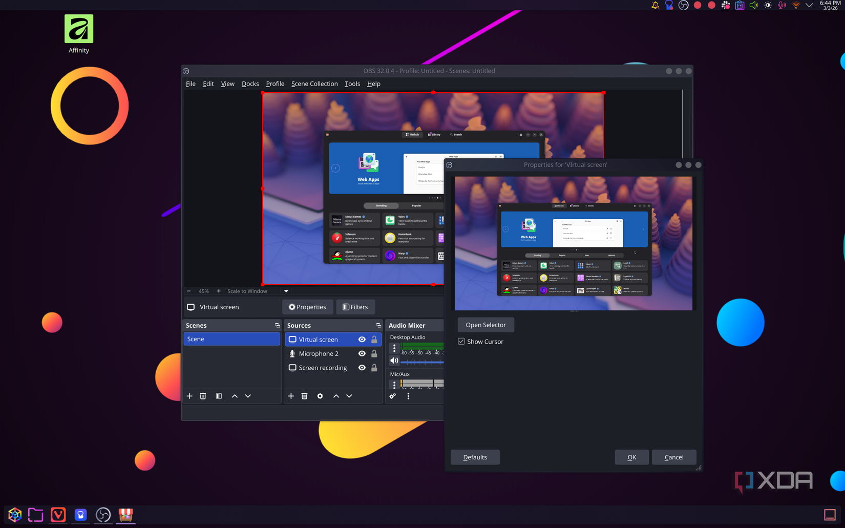 Переход на COSMIC: почему я сменил рабочий стол в Linux Screenshot of OBS Studio on KDE Plasma showing a virtual screen