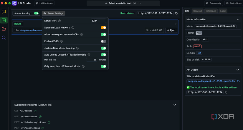 LM Studio server switched on