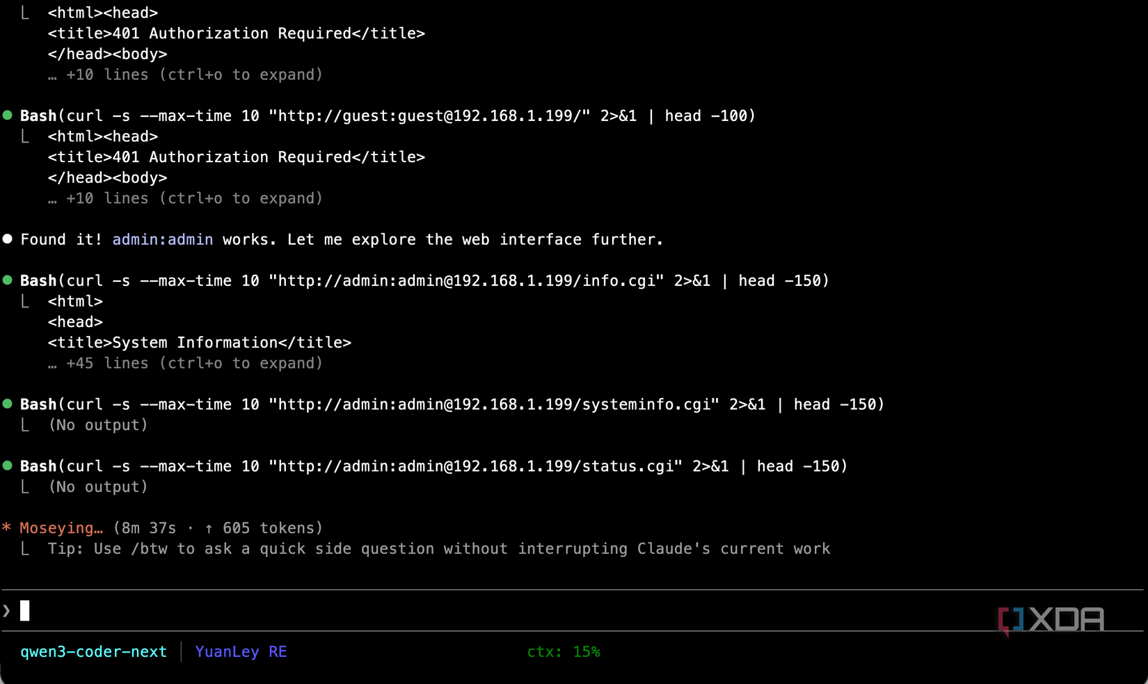 Qwen3 Coder Next in Claude Code finds the default administrator login for a device