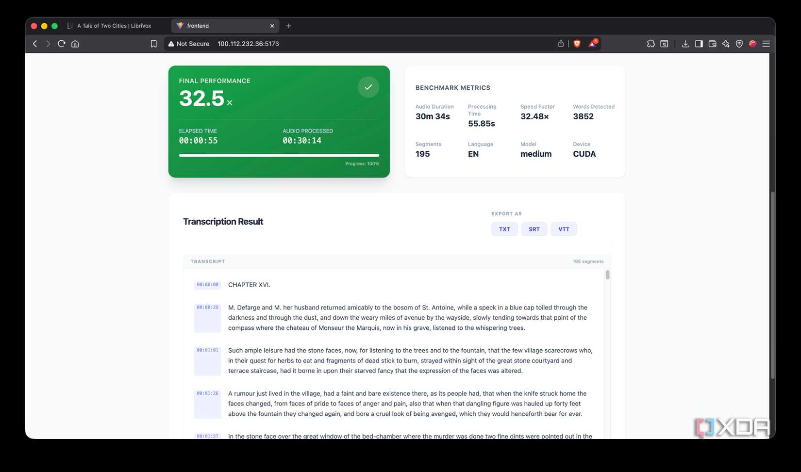 The output of the Local Whisper model in a Mac browser window
