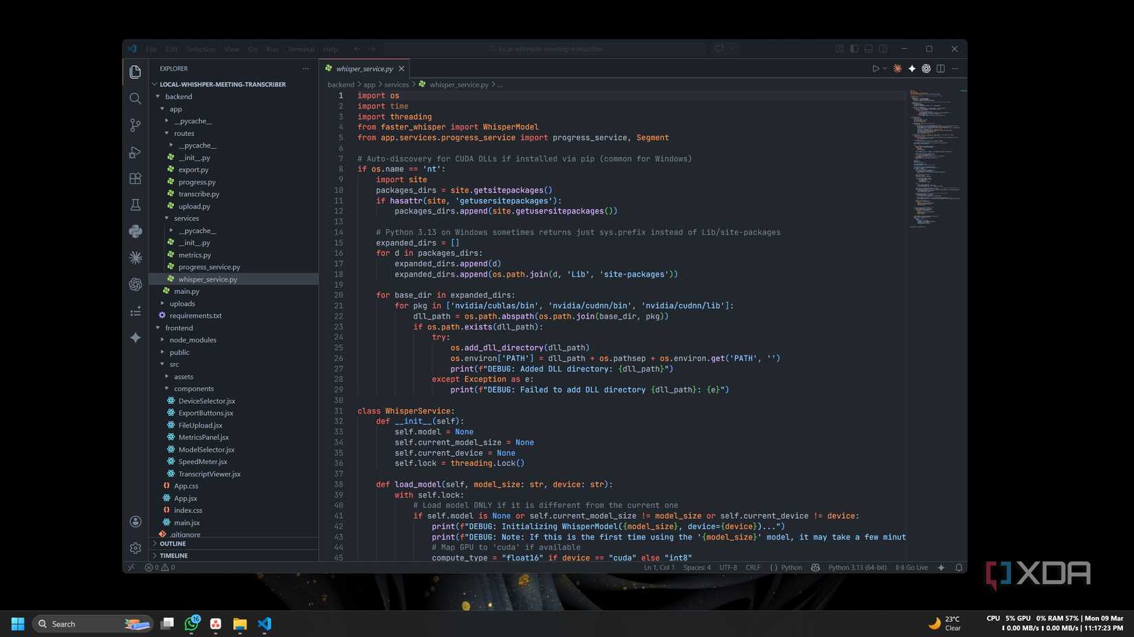 The Local Whisper Transcriber codebase was opened in VS Code on a Windows PC