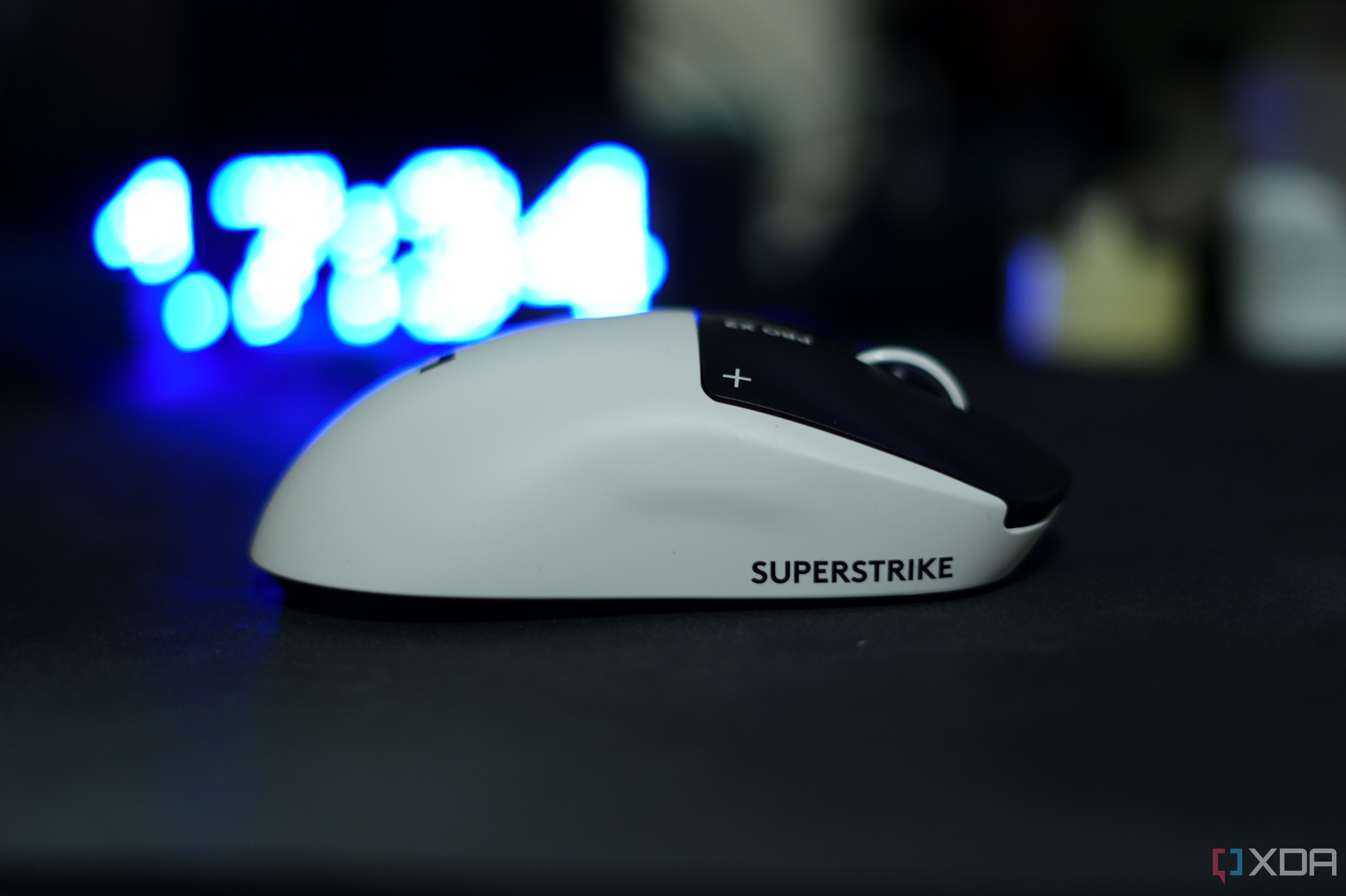 Logitech G Pro X2 Superstrike on its side, showing the SUPERSTRIKE logo