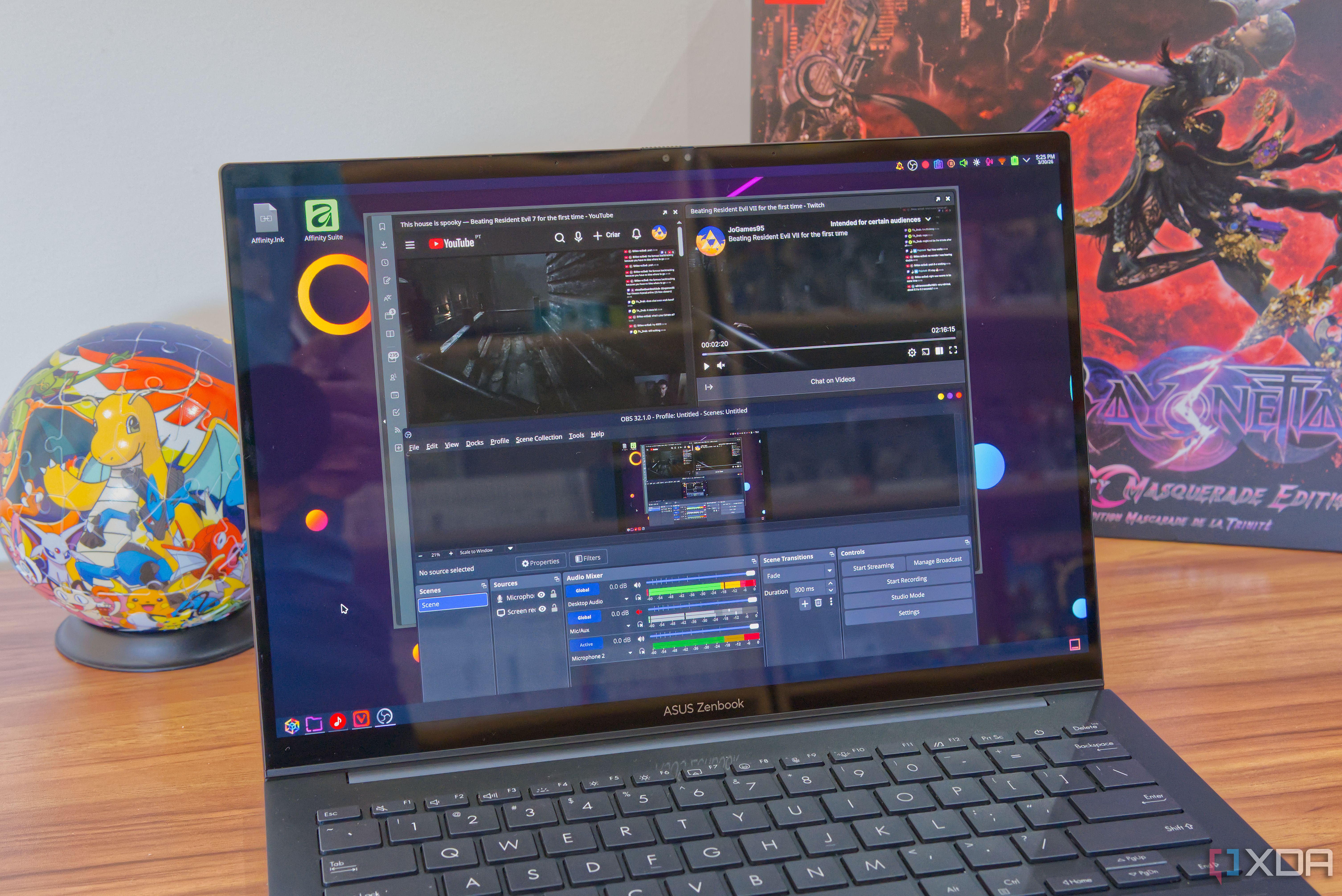A laptop running OBS Studio and playing two live streams on YouTube and Twitch at the same time