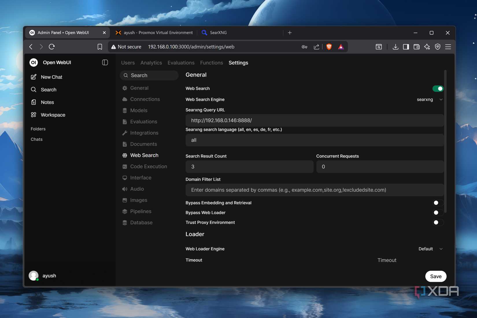 Web search is configured in Open WebUI