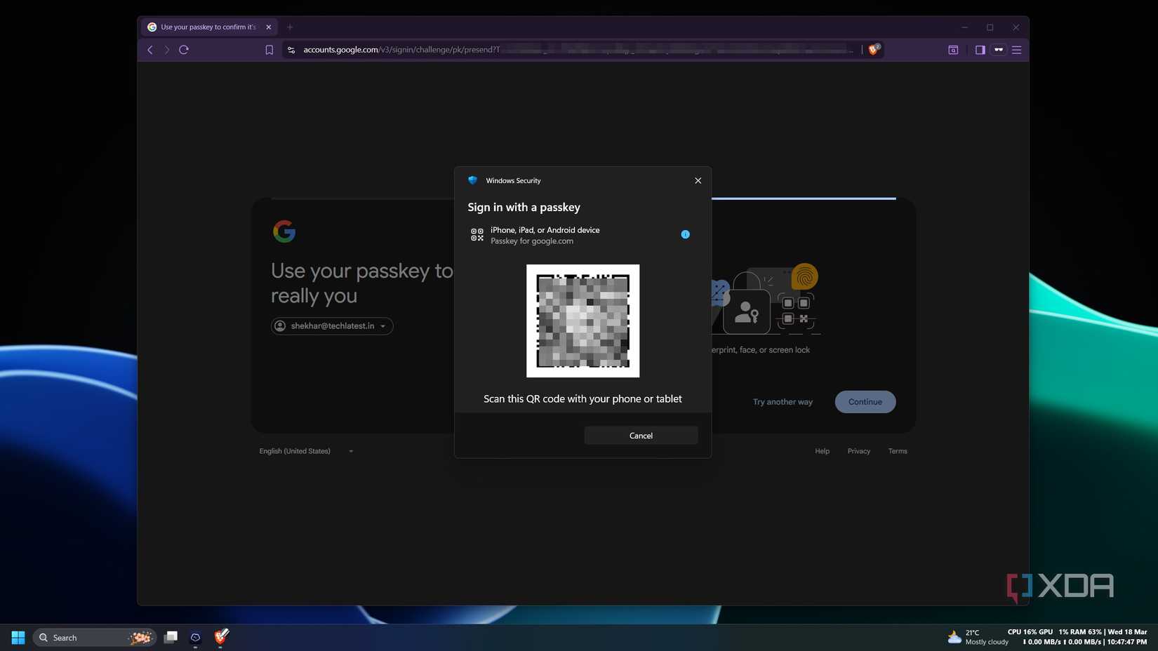 Passkey login prompting for another device or QR code authentication