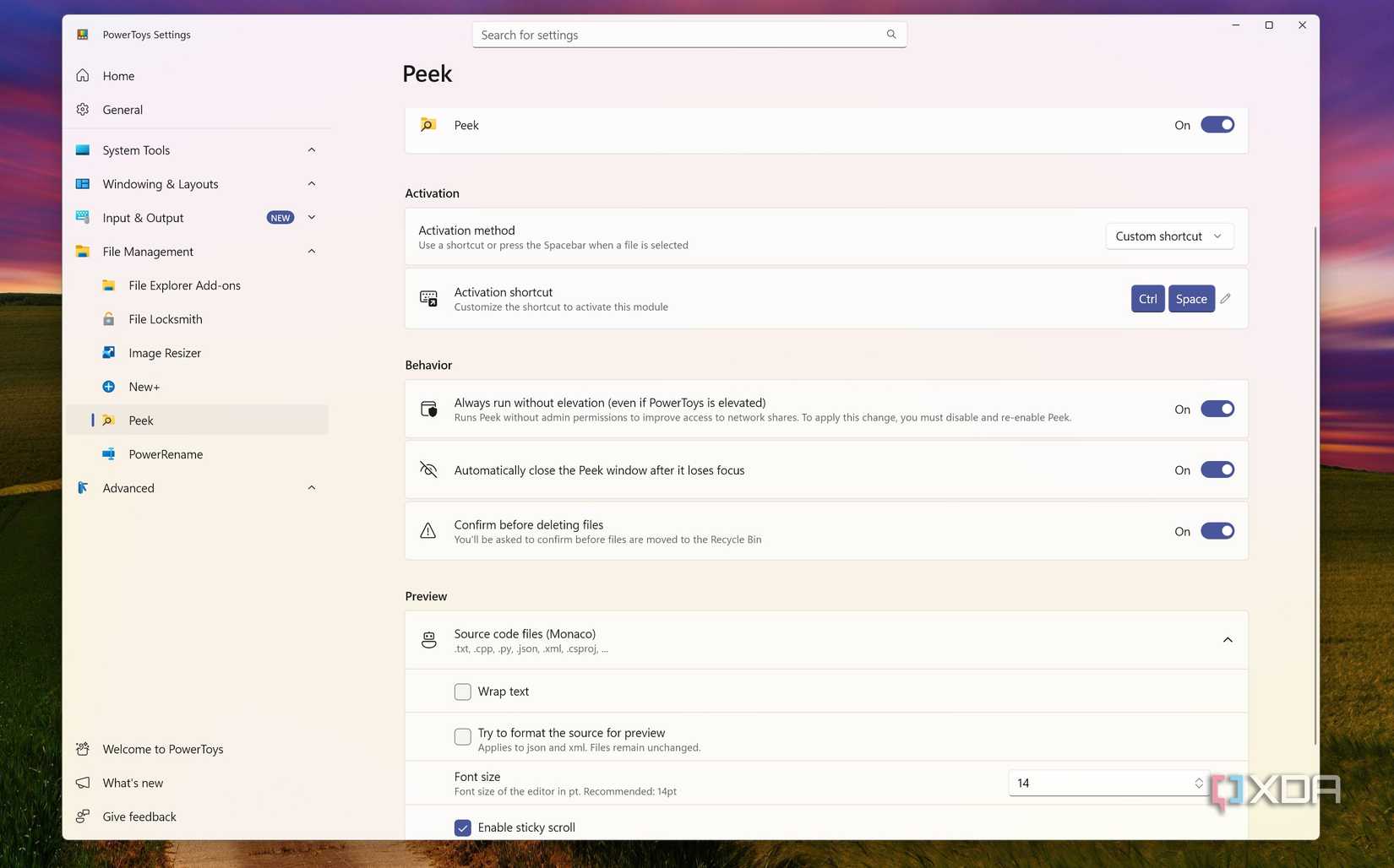 PowerToys Peek options