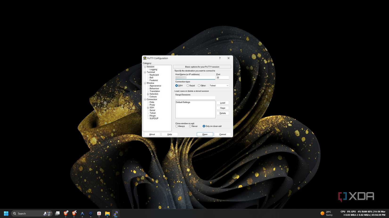 PuTTY main screen is opened on Windows PC