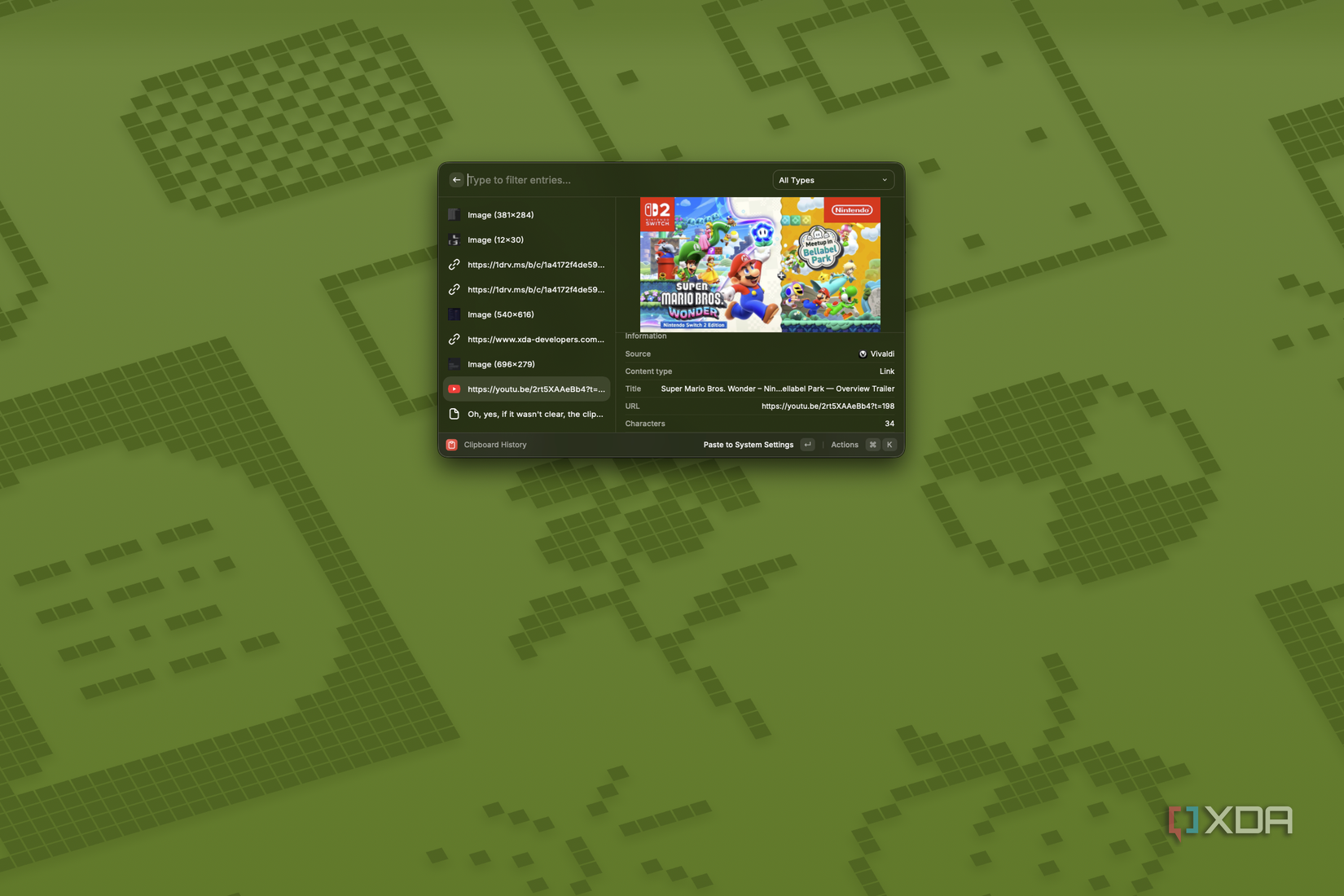 A screenshot of Raycast showing information about the selected link from the clipboard history