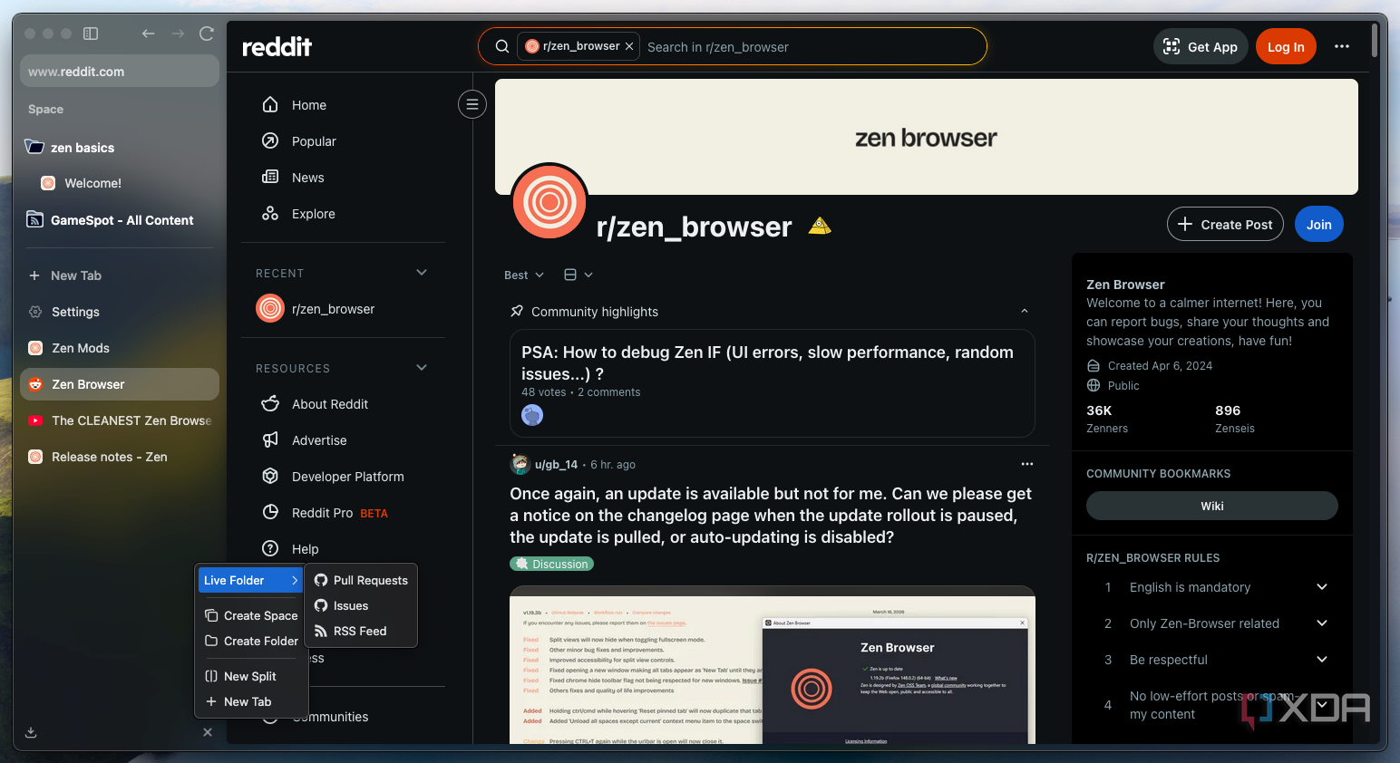 Zen Browser added live folders that turn my sidebar into an RSS