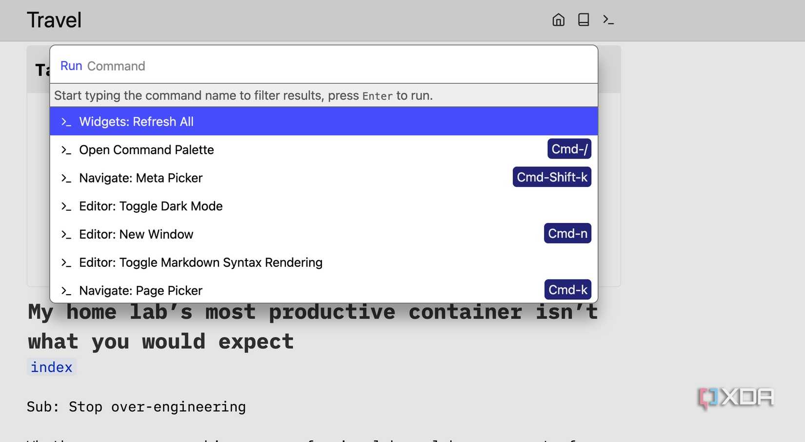 Menú de comandos de SilverBullet