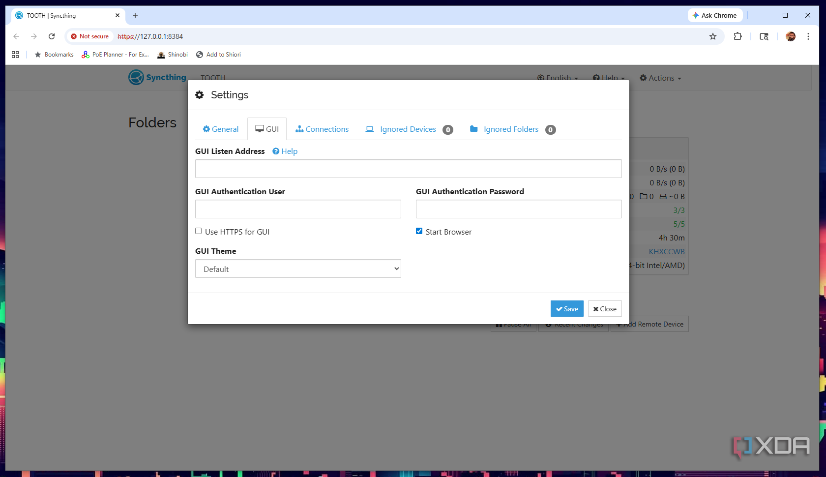 Меню настроек Syncthing