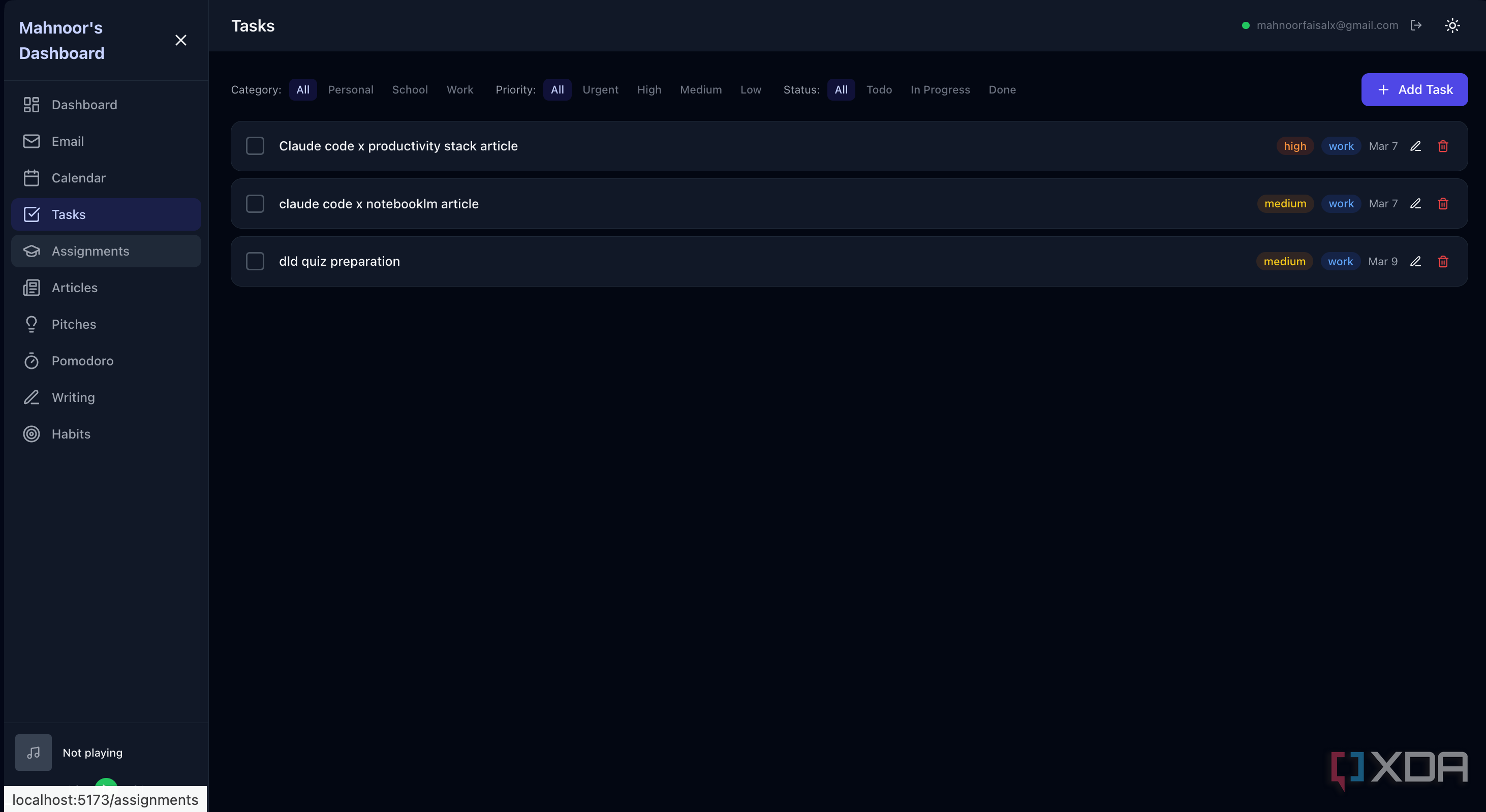 tasks section in dashboard