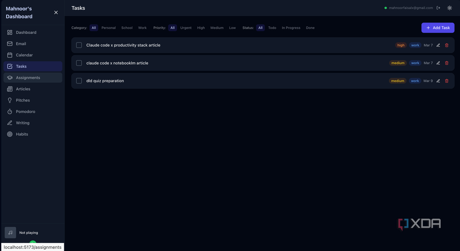 tasks section in dashboard