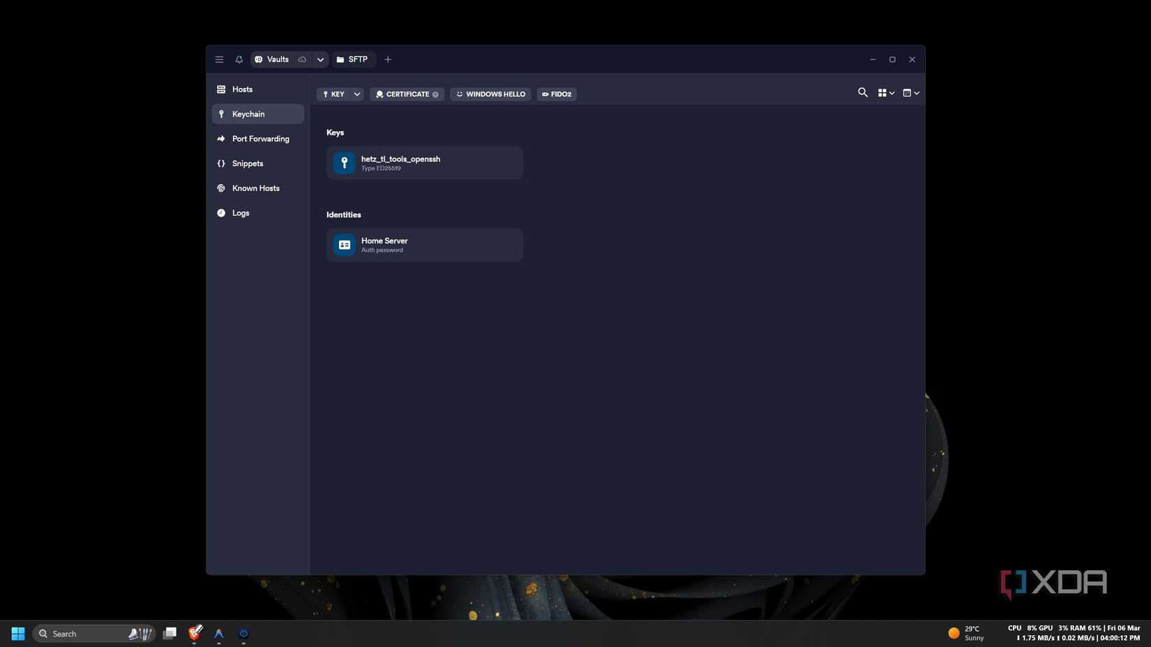 The keychain icon is opened in the Termius Windows application
