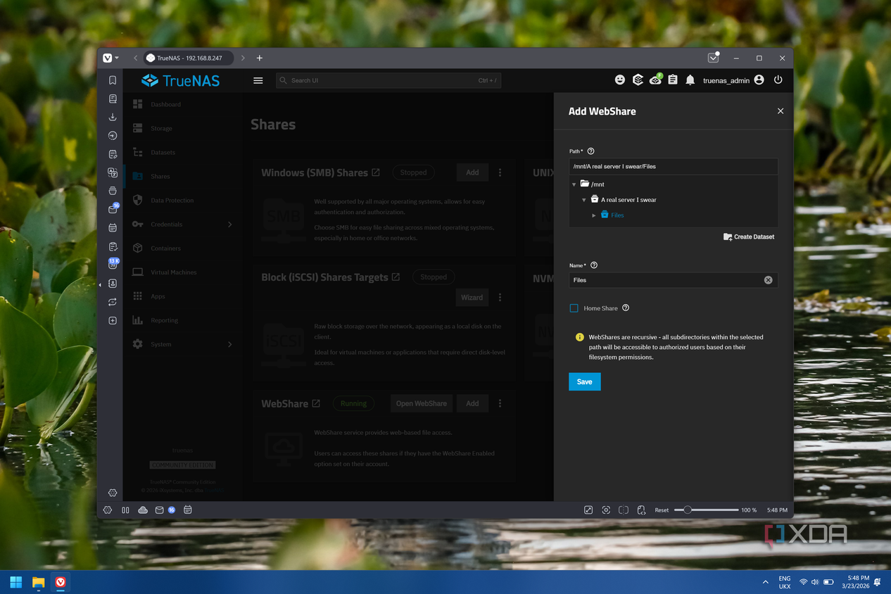Screenshot of TrueNAS when creating a new WebShare for datasets