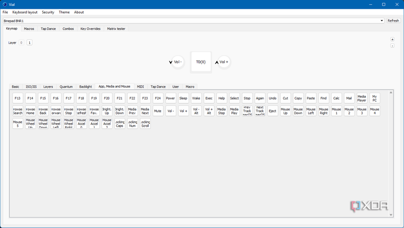 Media control section in the VIAL firmware configurator