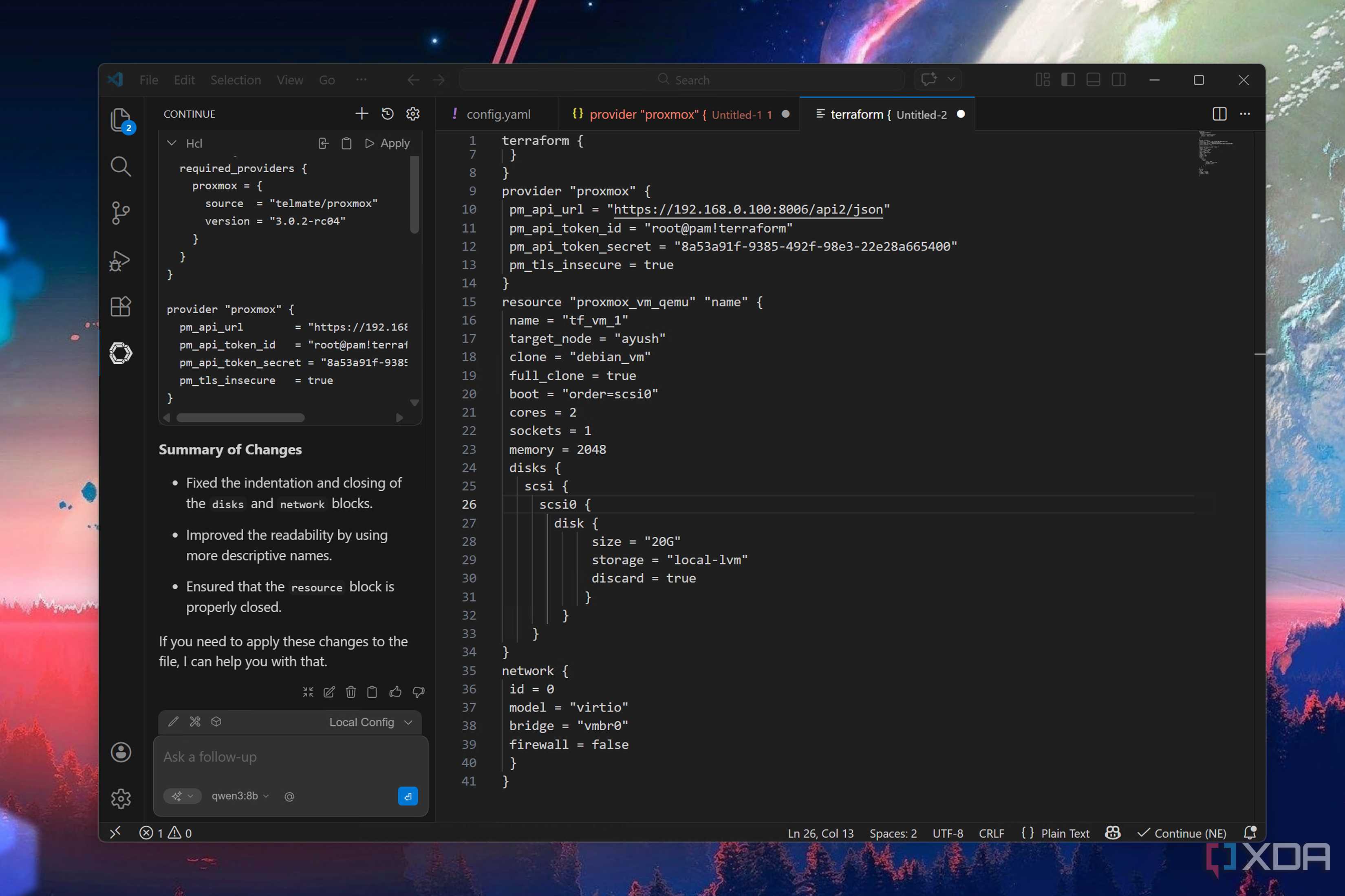 Using Continue in VS Code to check for problems in syntax
