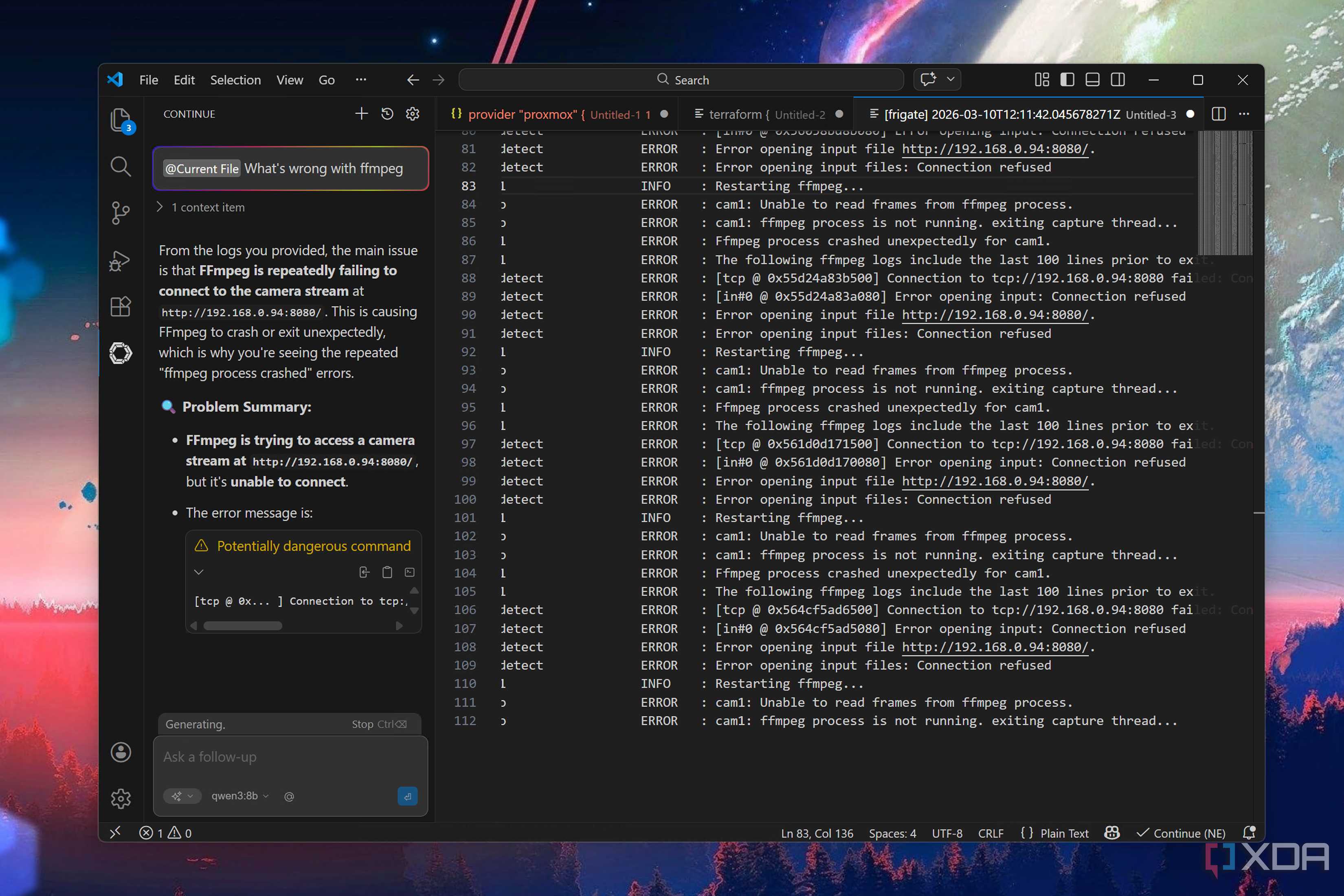 Scanning error logs in VS Code via Continue