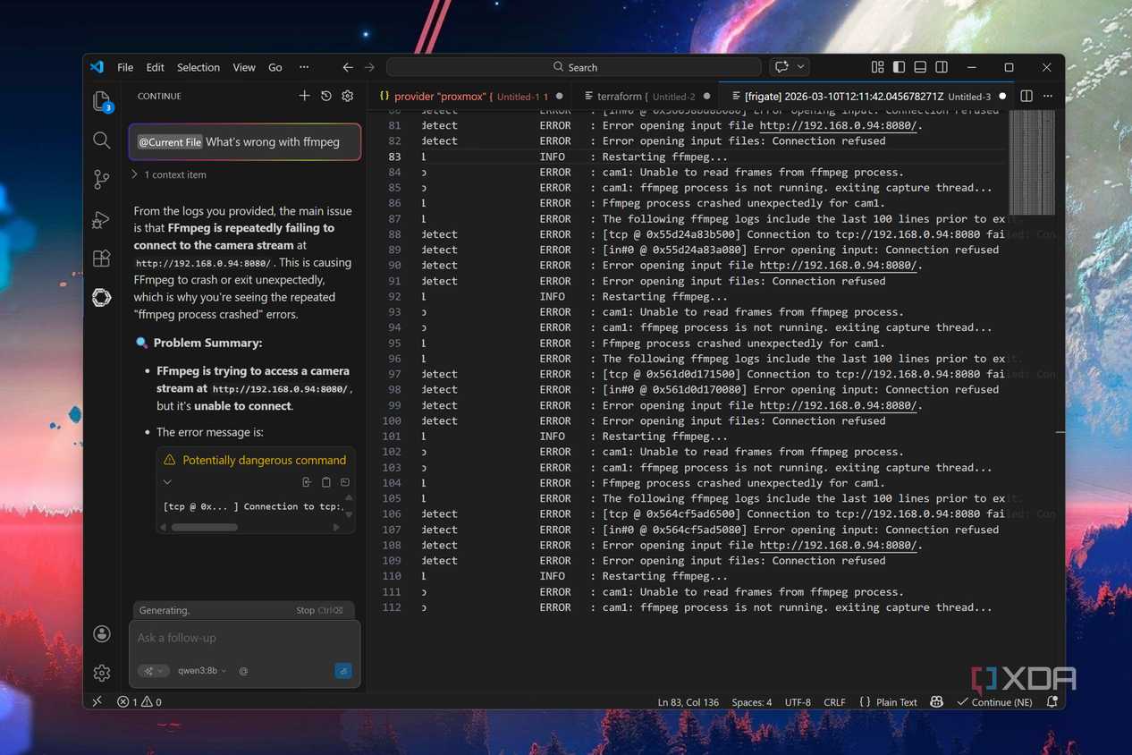 Scanning error logs in VS Code via Continue