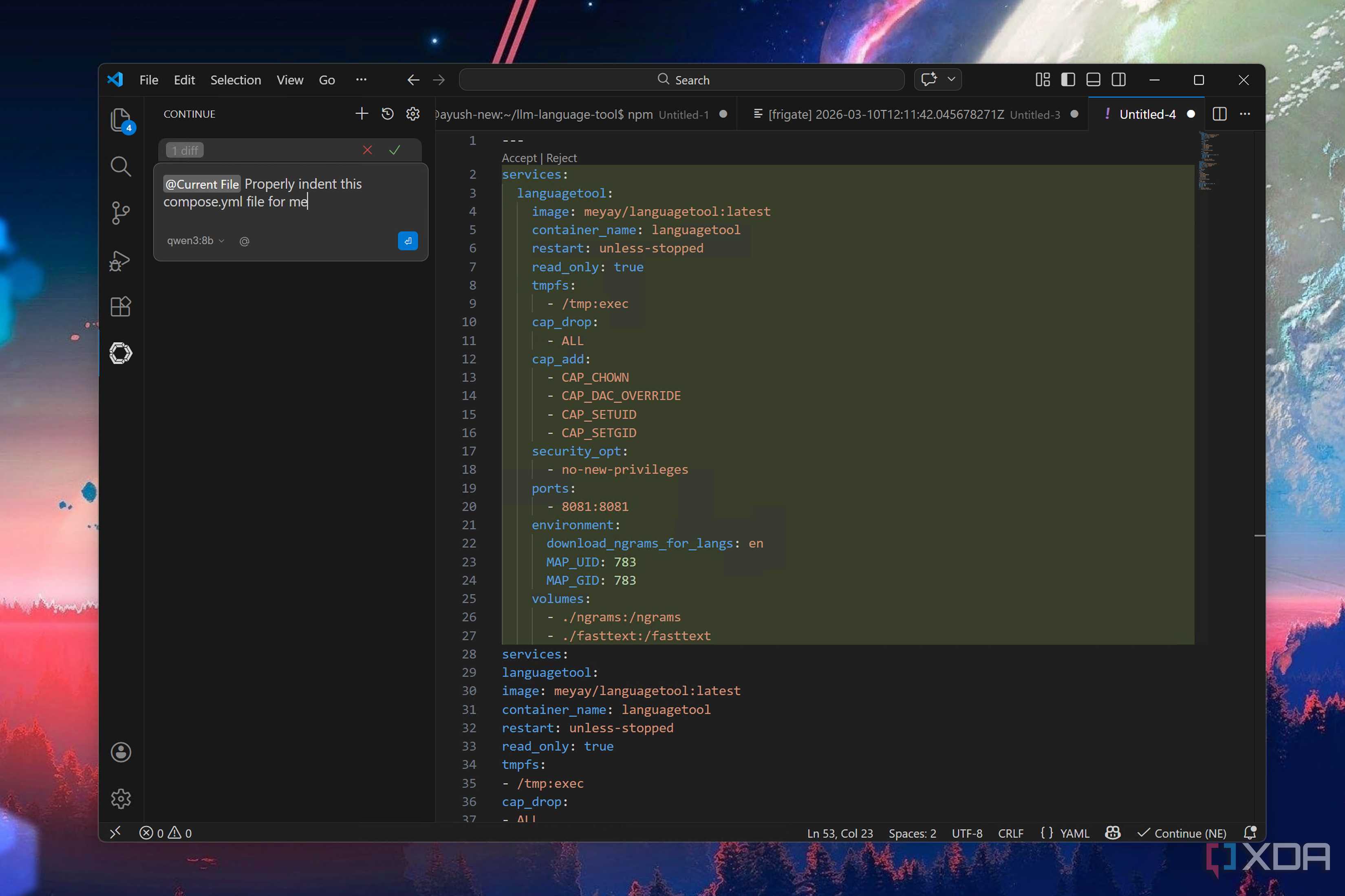 Modifying syntax indentation on VS Code via Continue
