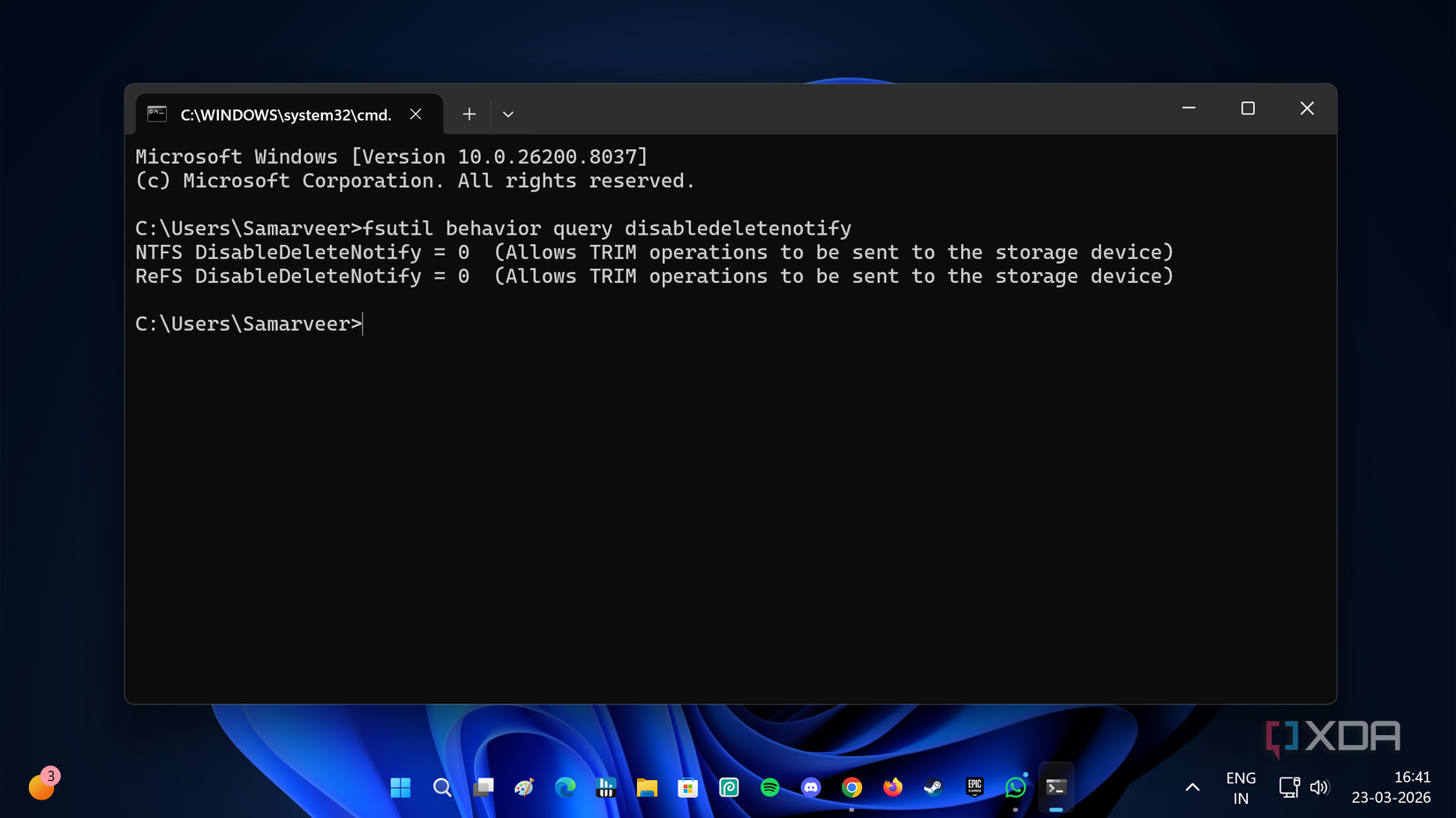 A Command Prompt window in Windows 11 showing TRIM behavior for the SSD.