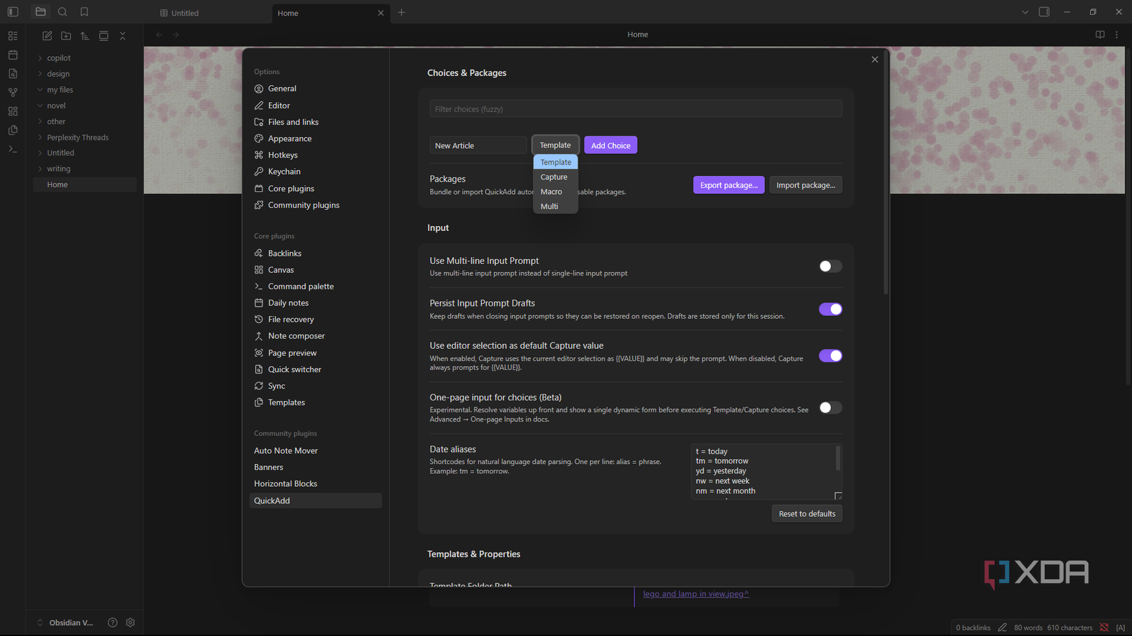 adding template to quickadd plugin in obsidian