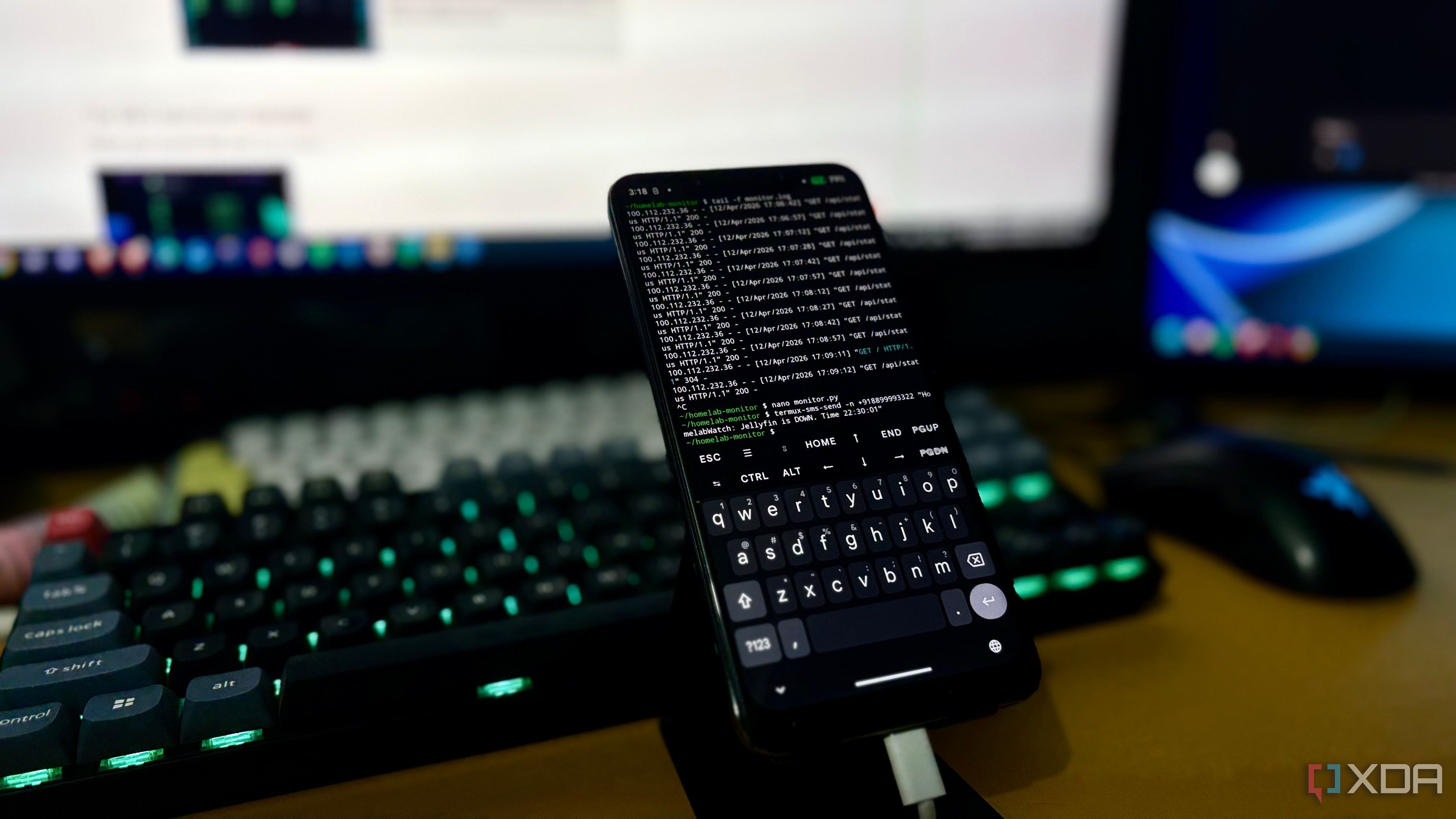 POCO F1 plugged into power and running Termux, set up as a permanent homelab monitor