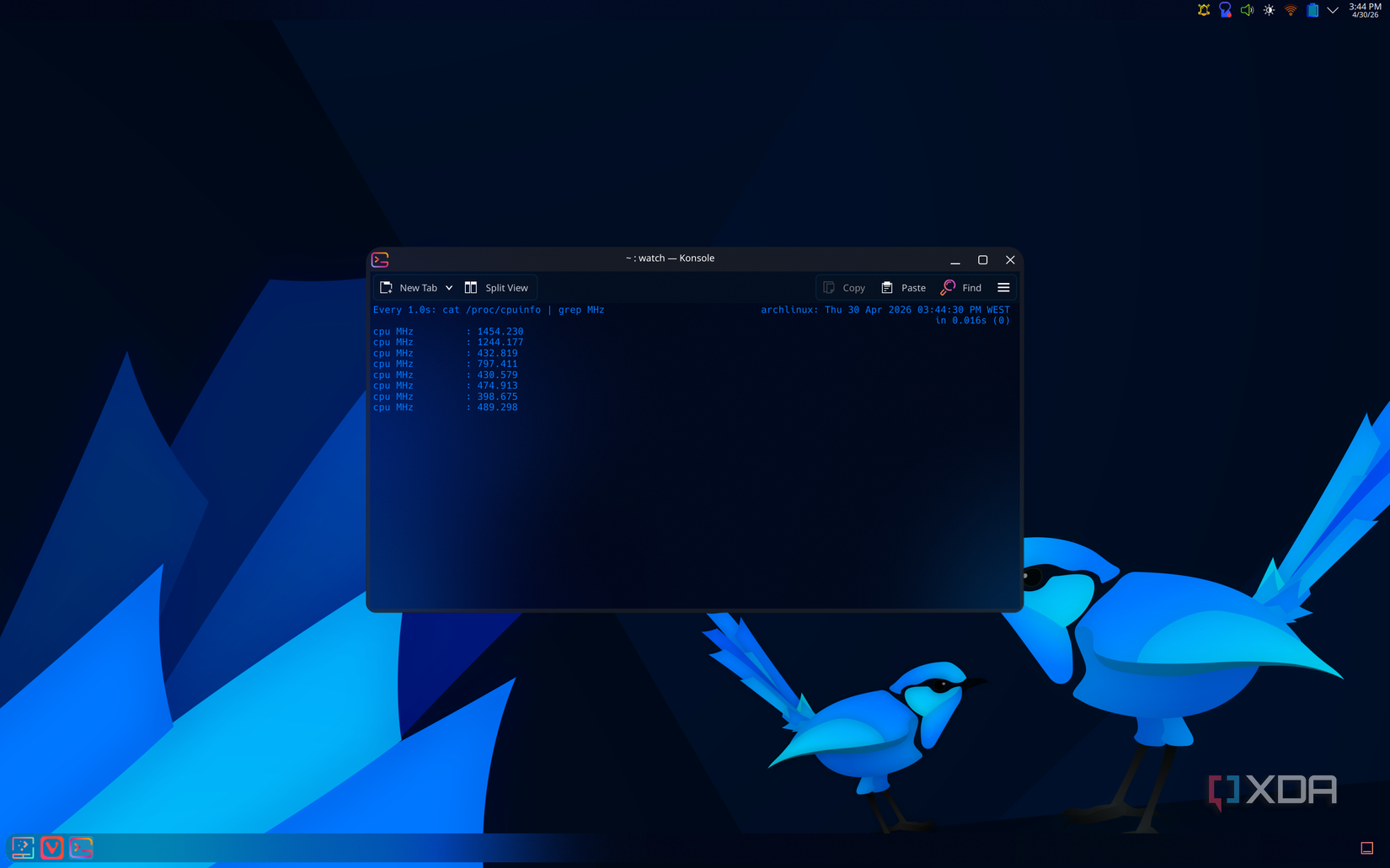 Screenshot of Konsole in KDE Plasma showing a working watch for CPU frequency