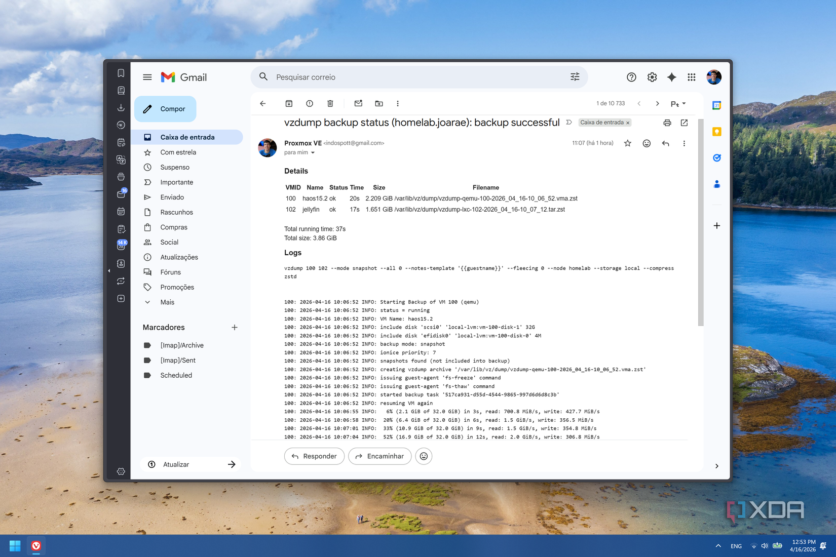 Screenshot of a Proxmox notification stating that a backup task completed successfully