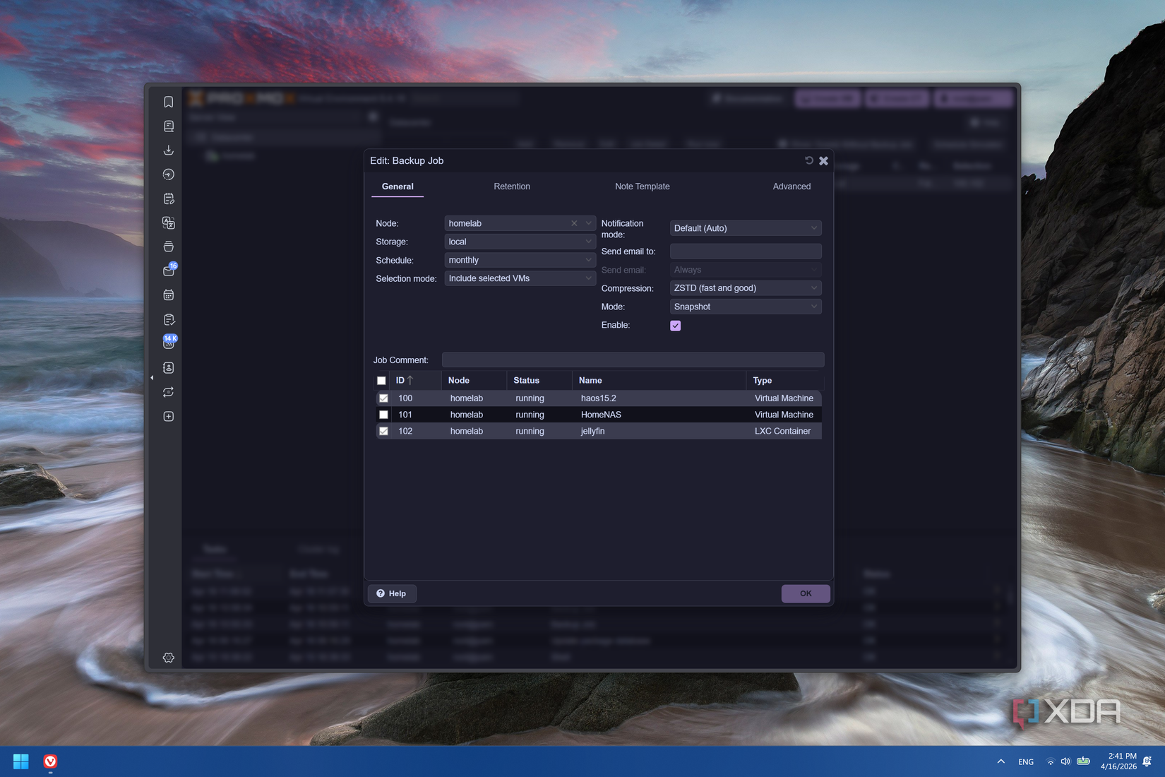 Screenshot of Proxmox showing the configuration of a backup workflow