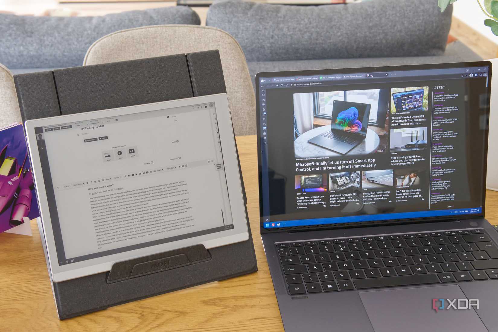 A boox Go tablet and a laptop, side by side; the first is used as a screen extension