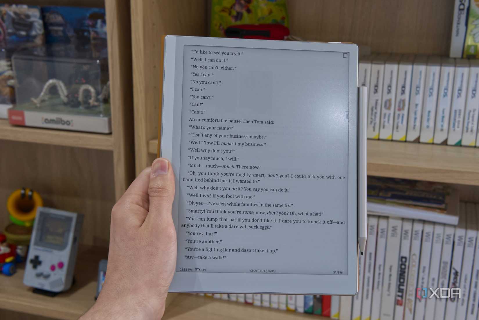 A Boox Go 10.3 Gen 2 Lumi tablet displaying a page from The Adventures of Tom Sawyer