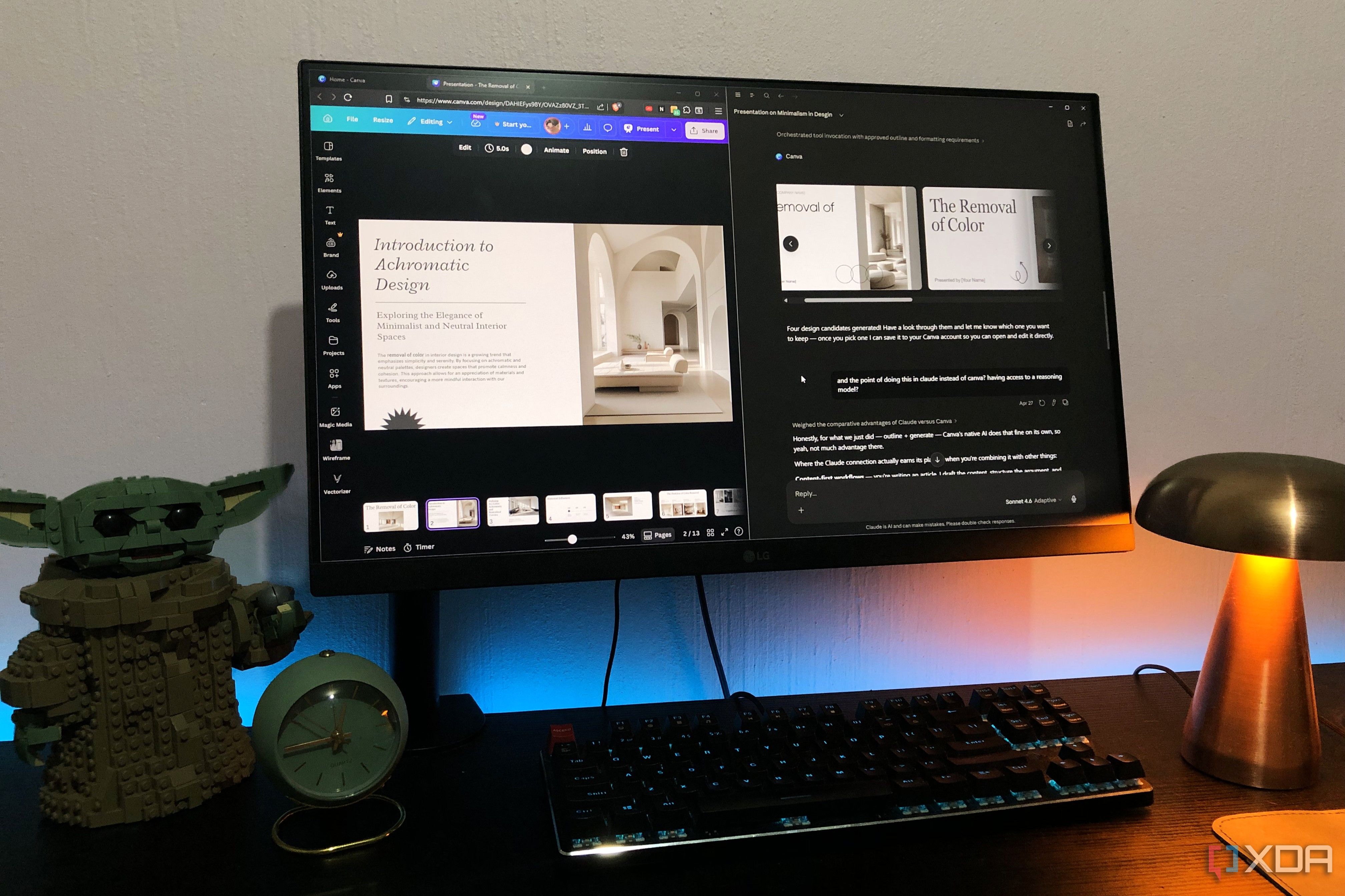 claude and canva on desktop pc, lego and lamp in view