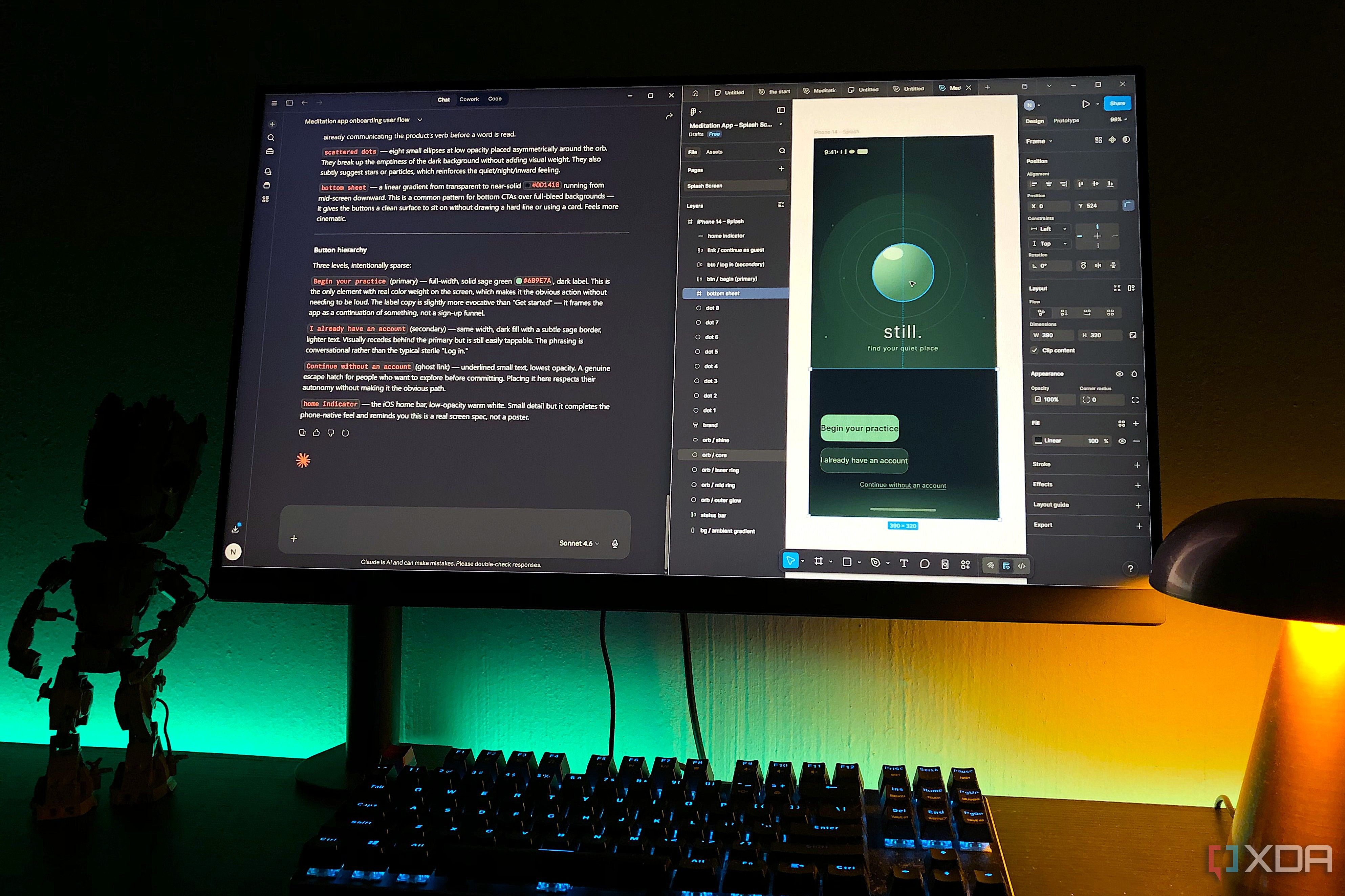 Claude and Figma on desktop pc, lego and lamp in view