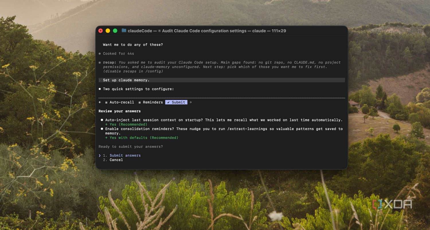 claude code configuration settings dialog window displayed on mac terminal with forest landscape background