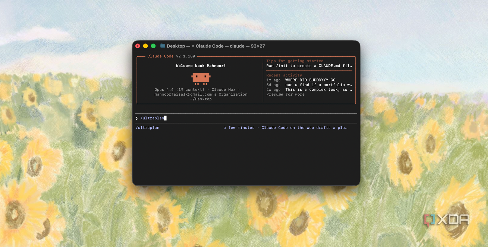 Claude Code terminal window showing a pixel art welcome message on a Mac desktop with a sunflower background