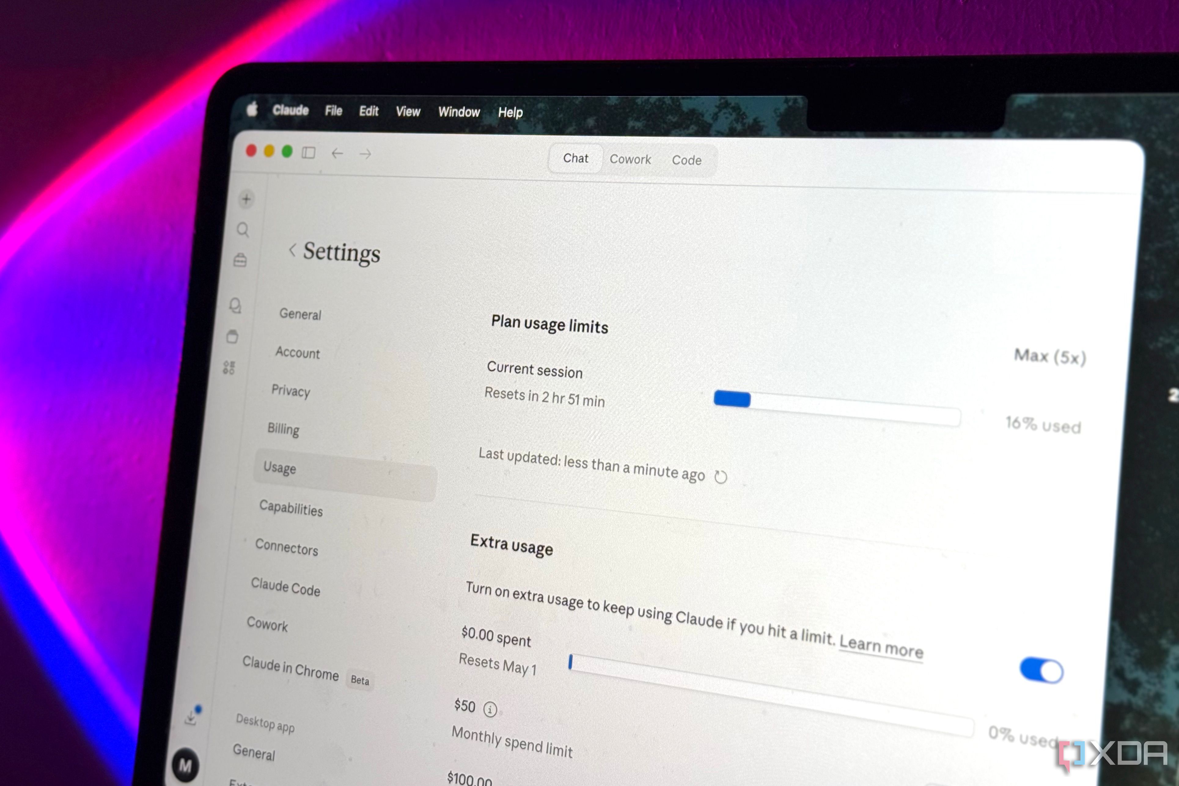 claude settings page showing plan usage limits and extra usage options on mac