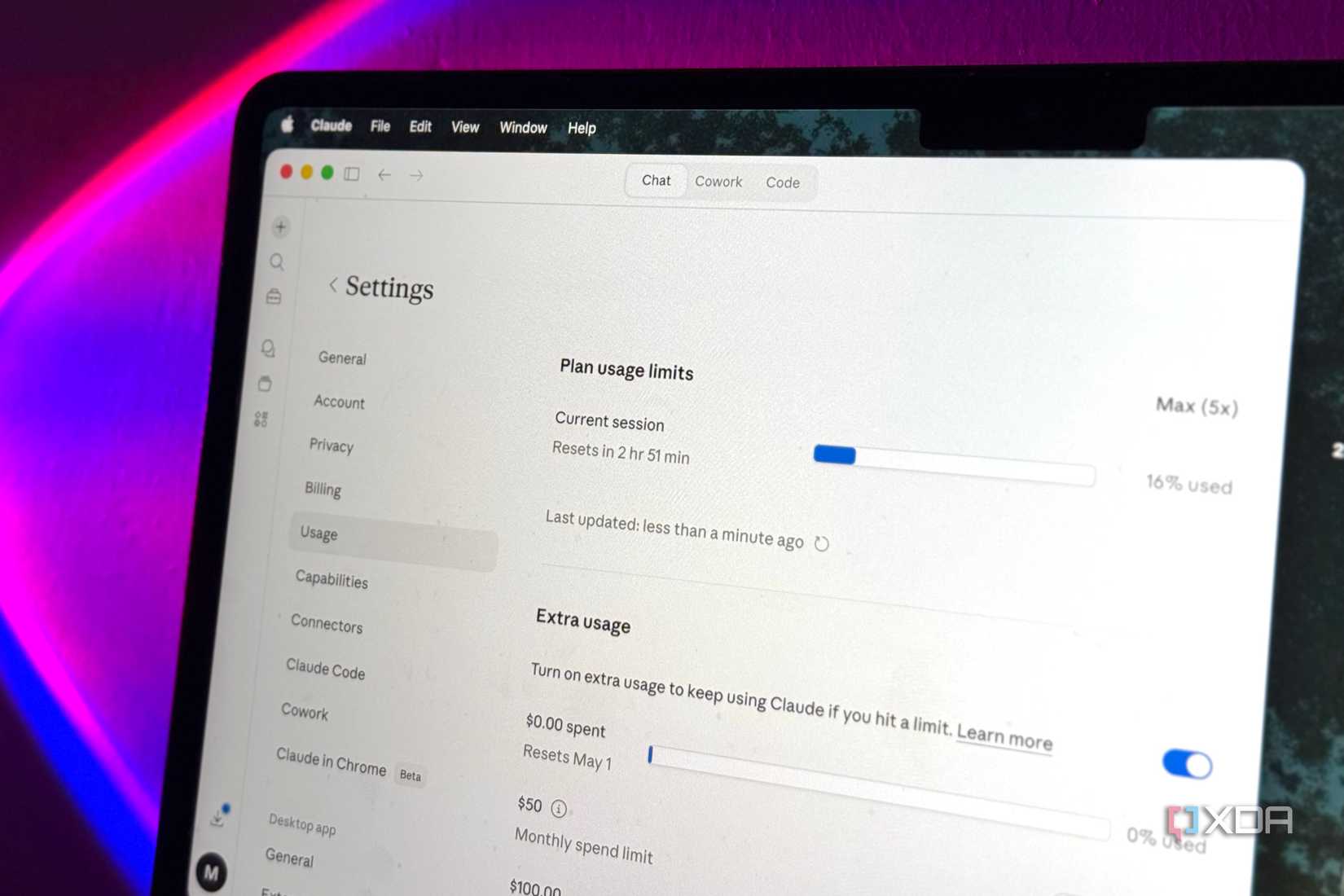 Claude settings page showing plan usage limits and additional usage options on Mac