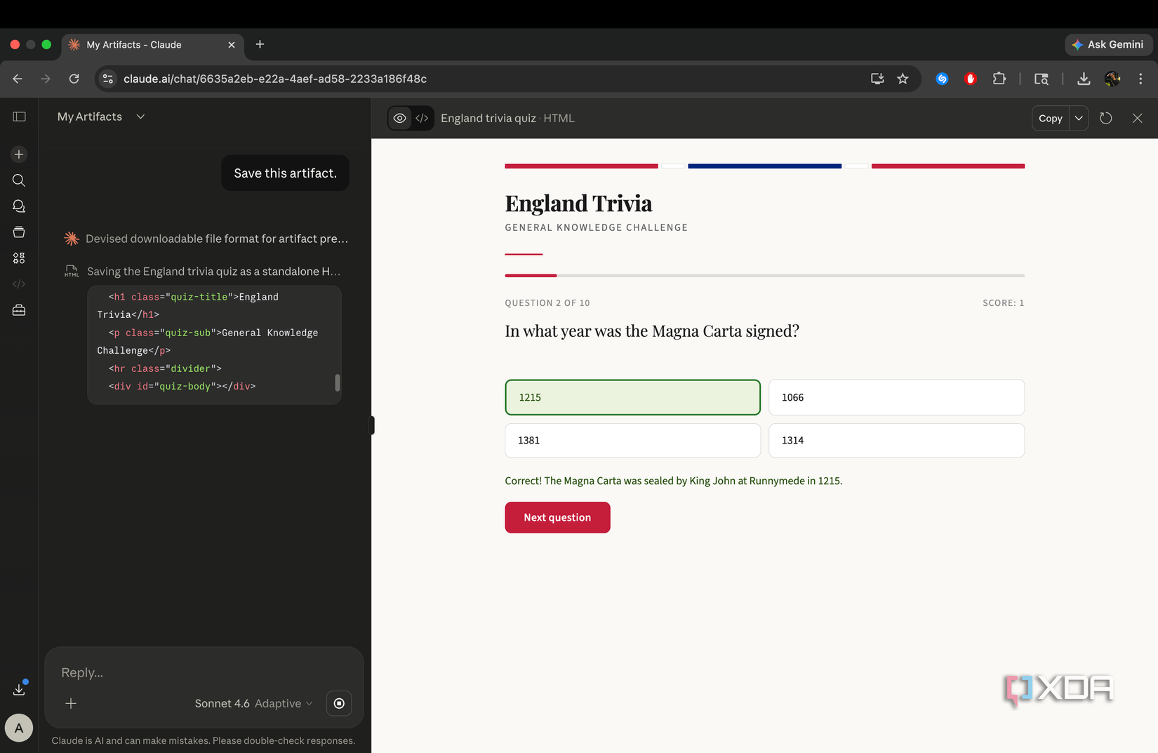 Trivia Quiz as a Claude Artifact.