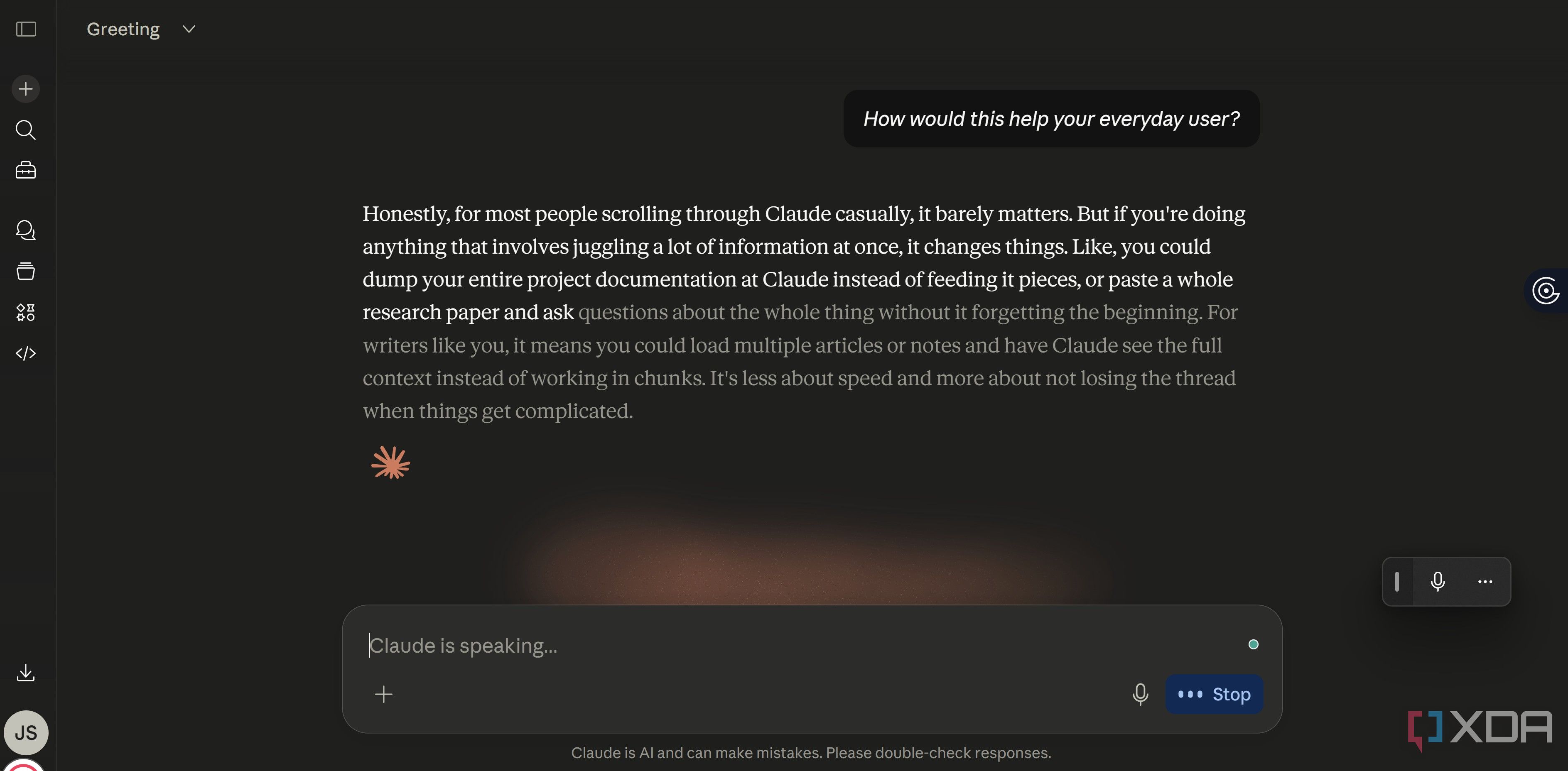 Claude Voice Mode explaining how context window helps everyday user