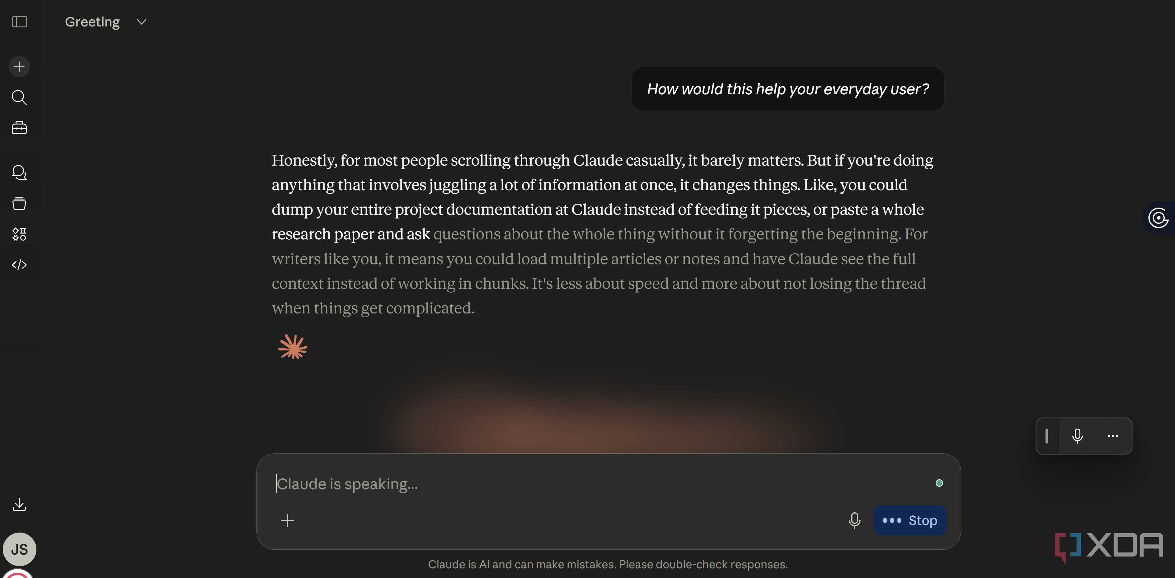 Claude Voice Mode explaining how context window helps everyday user