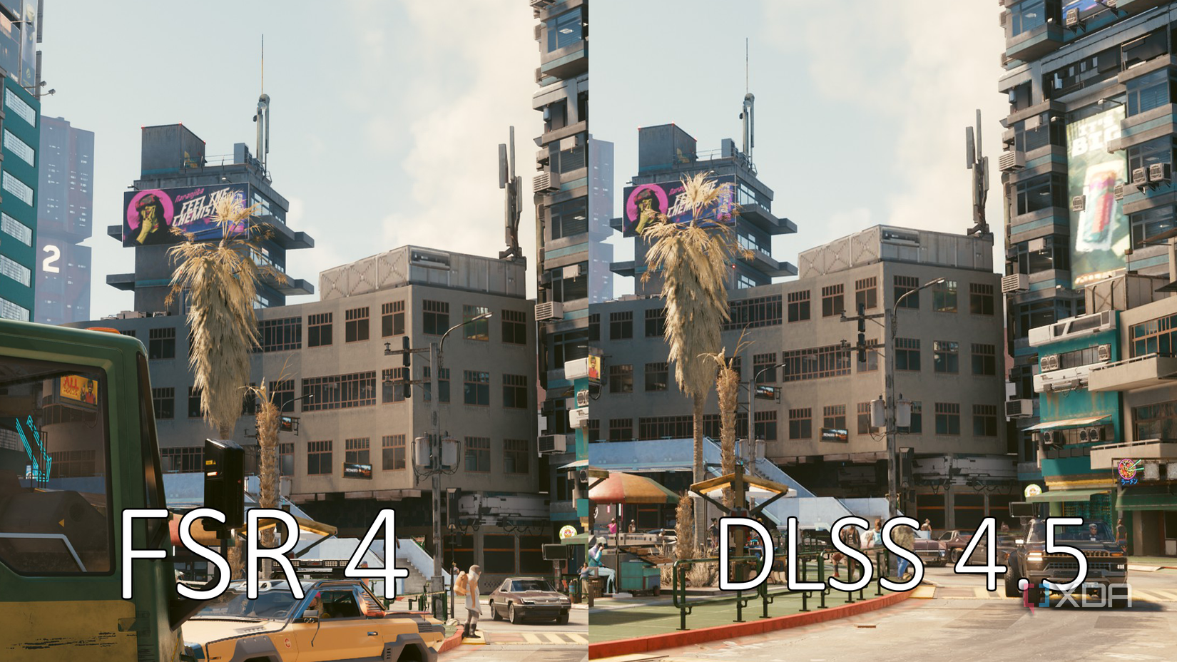 A screenshot showing the comparison between FSR 4 and DLSS 4.5